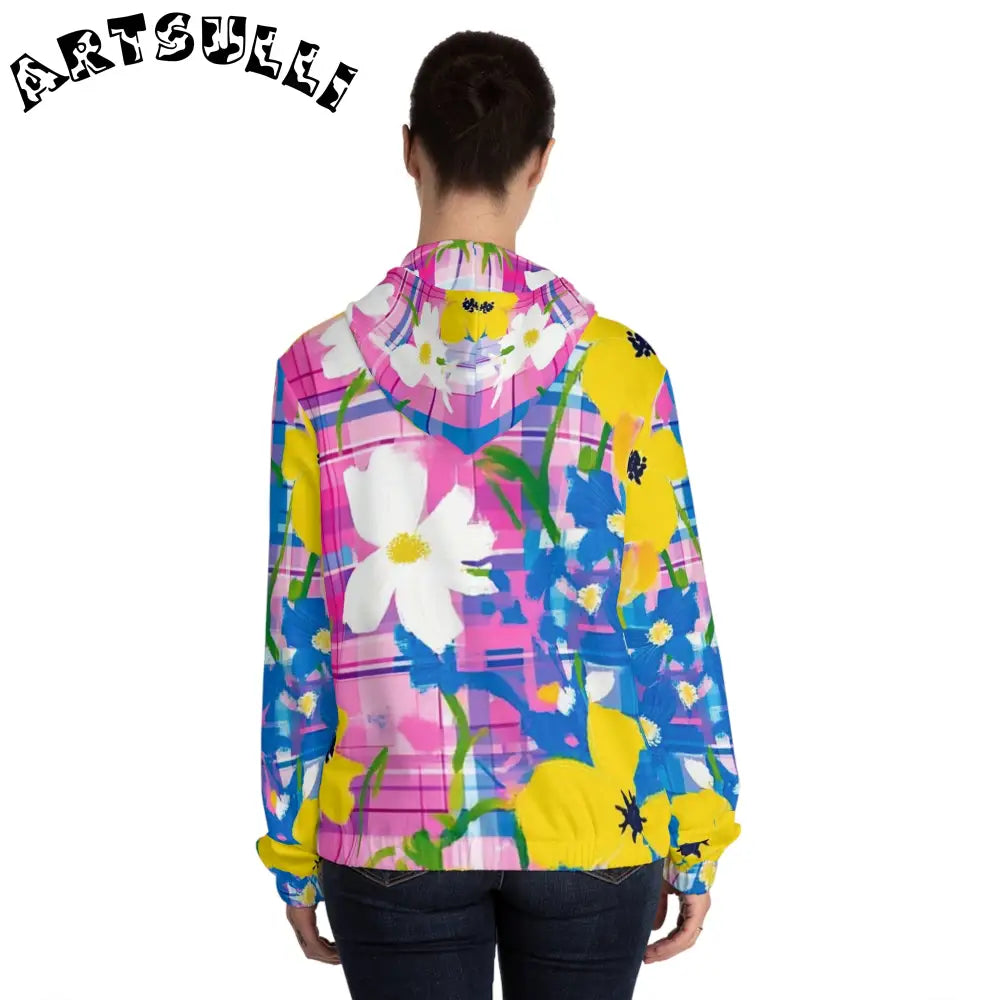 JAKKOUTTHEBXX Plaid Garden Pink and Blue Women’s Full-Zip Hoodie