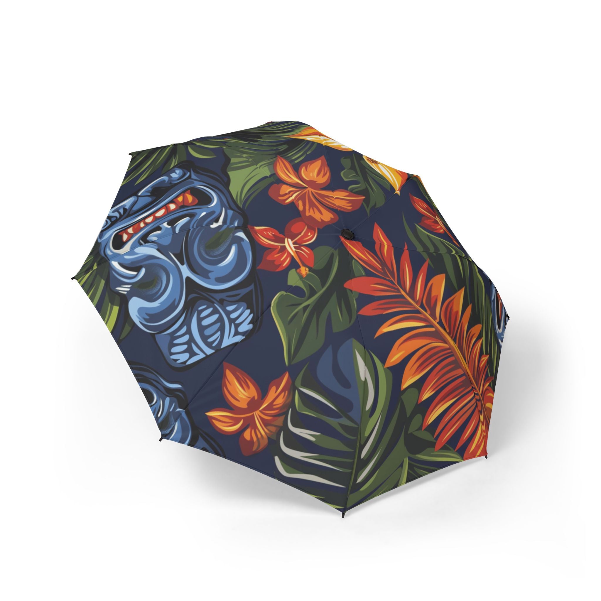 Tiki Bloom Navy Semi-Automatic Foldable Umbrella, Artsulli - Art is Long, Life is Short, Accessories, Size, One size, , , , , 29370960906101573028