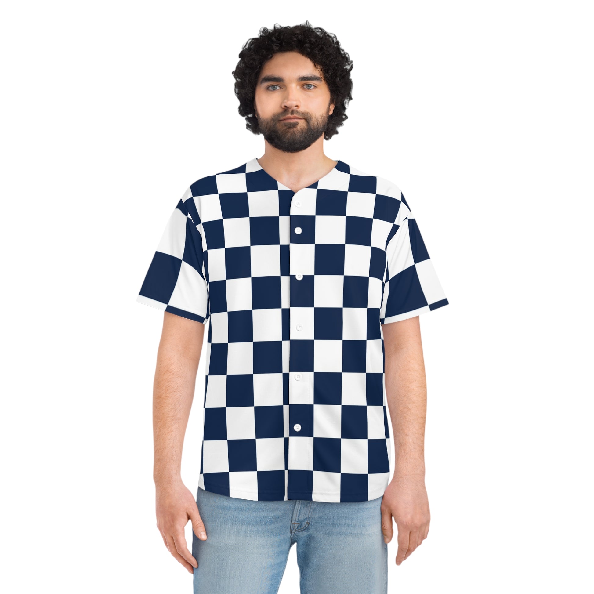 Checkerboard White and Navy Blue Men's Baseball Jersey (AOP), Artsulli - Art is Long, Life is Short, All Over Prints, , , , , , , 