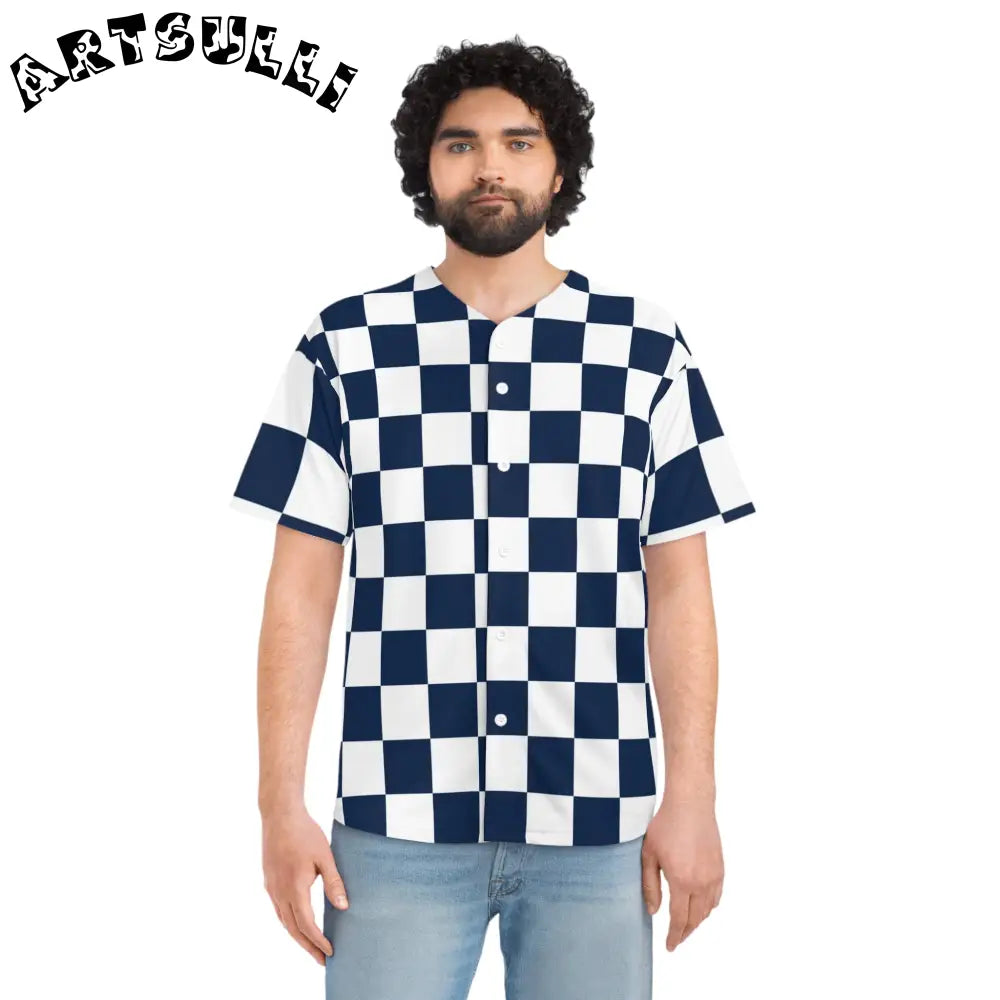 JAKKOUTTHEBXX Checkerboard White and Navy Blue Men’s Baseball Jersey
