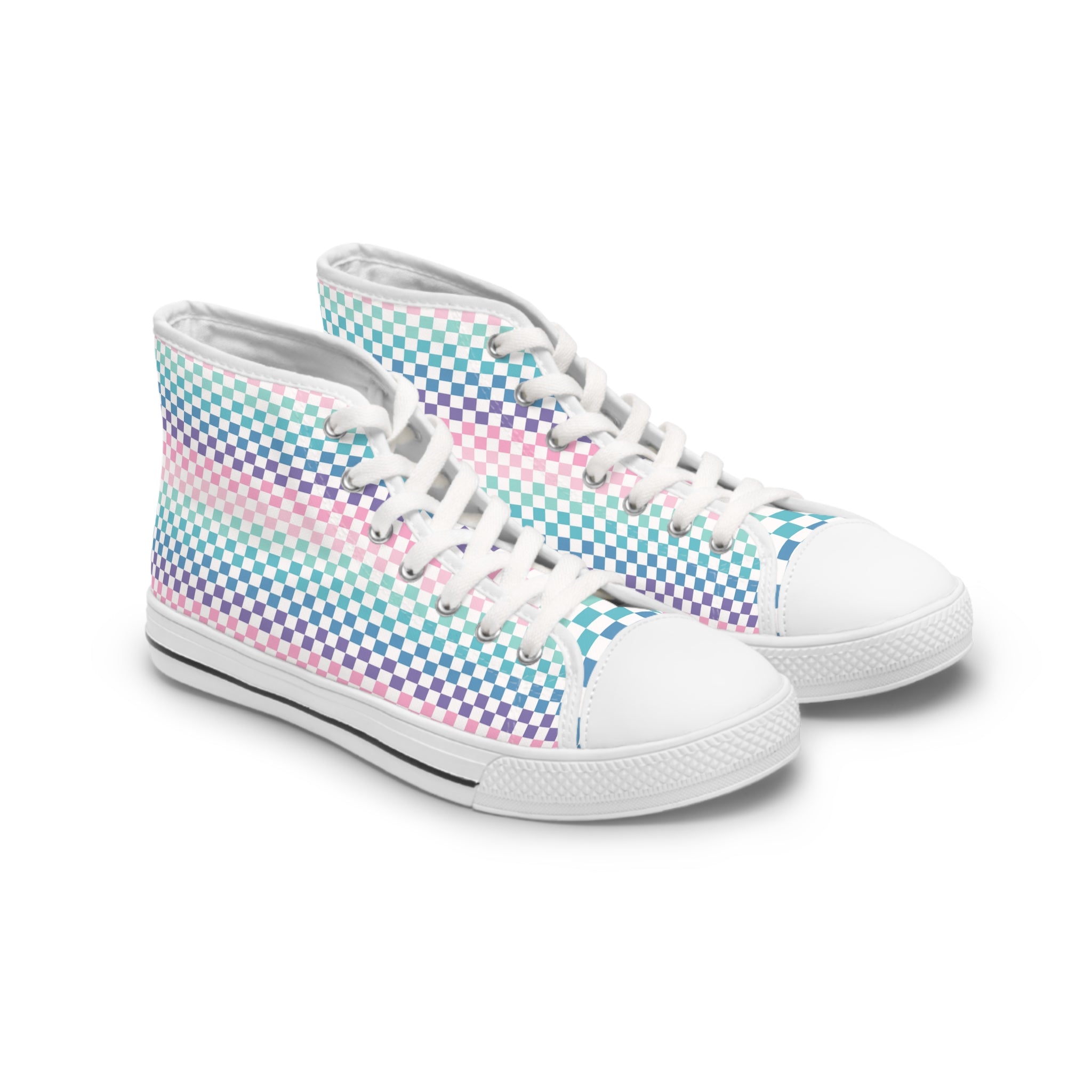 Vaporwave Rainbow  Checkerboard III Multi-Color Women's High Top Sneakers, Artsulli - Art is Long, Life is Short, Shoes, Size, US 5.5, Color, White sole, , , 28763940416575158354
