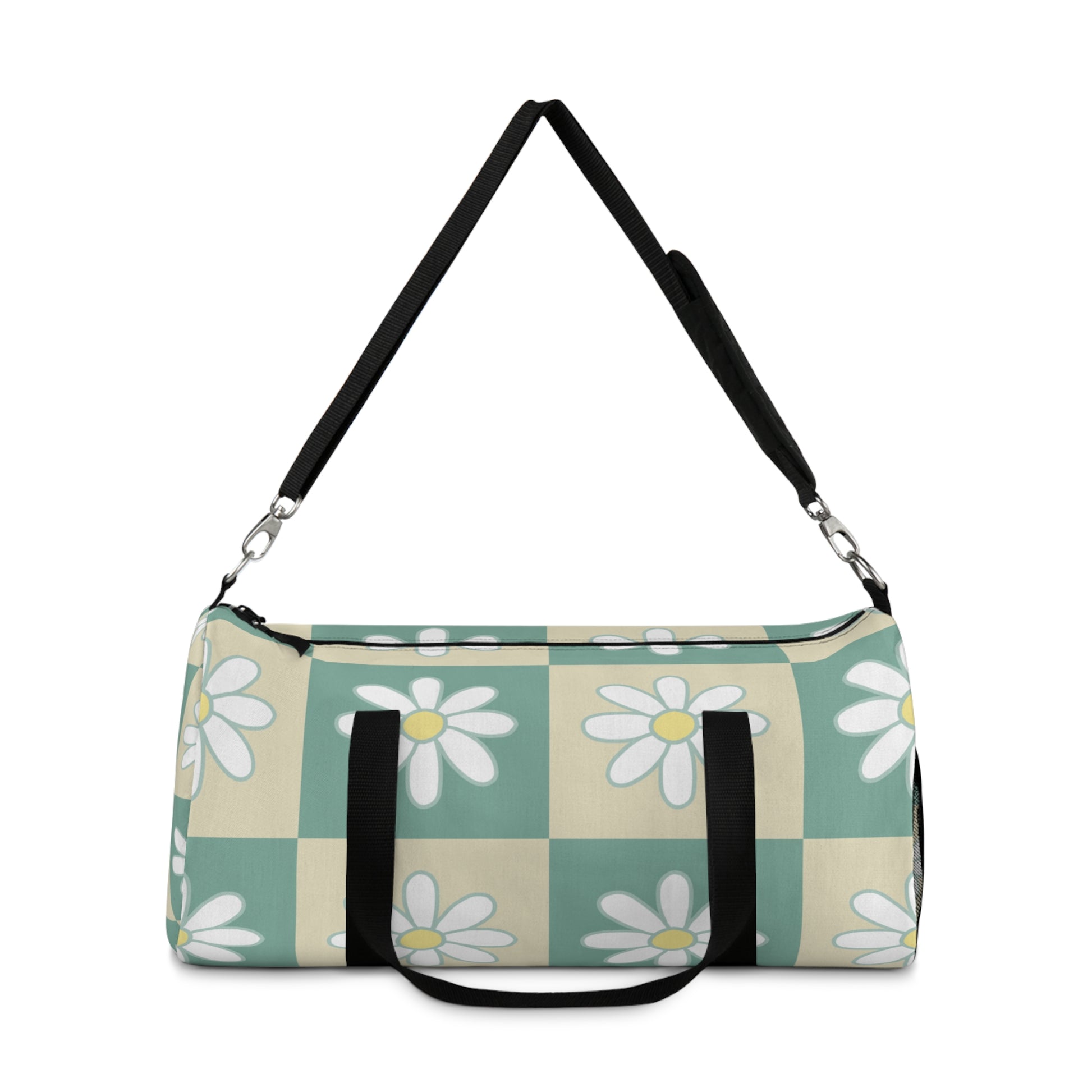 Retro Daisy Checkerboard Green and Tan Duffel Bag, Artsulli - Art is Long, Life is Short, Bags, , , , , , , 