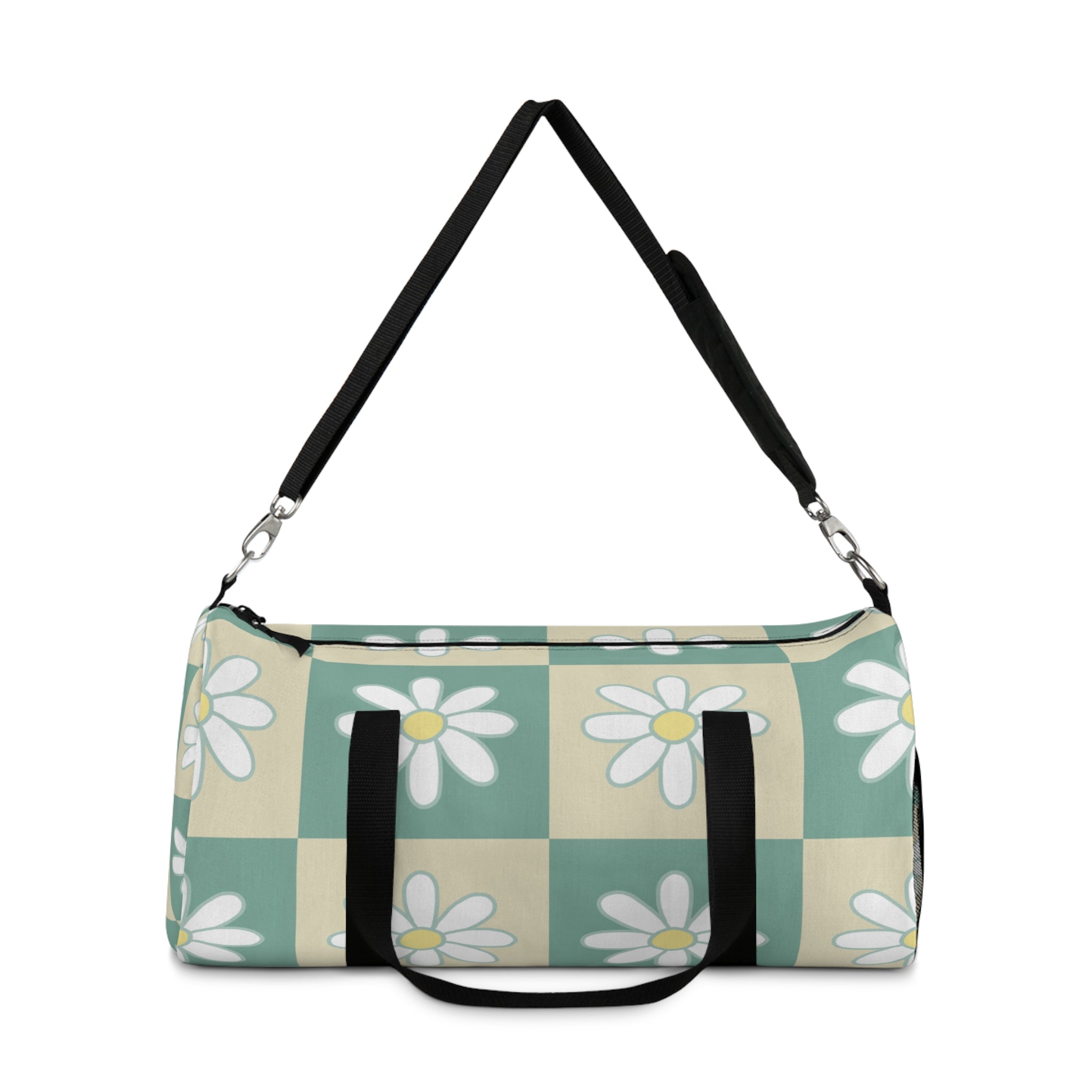 Retro Daisy Checkerboard Green and Tan Duffel Bag, Artsulli - Art is Long, Life is Short, Bags, , , , , , , 