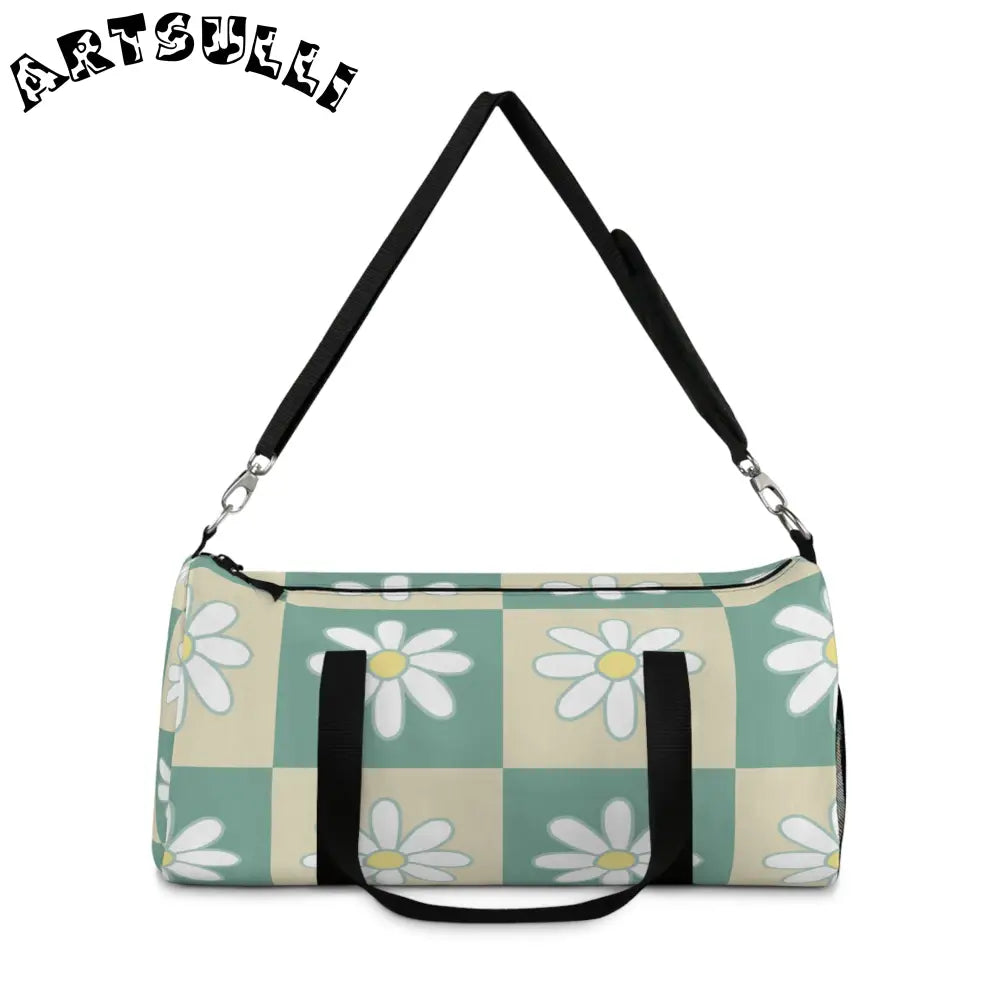 JAKKOUTTHEBXX Retro Daisy Checkerboard Green and Tan Duffel Bag