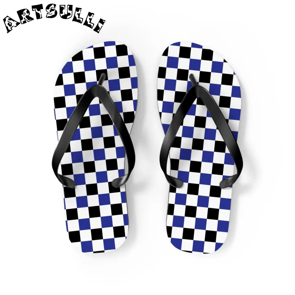 JAKKOUTTHEBXX Checkerboard Blue White and Black Flip Flops