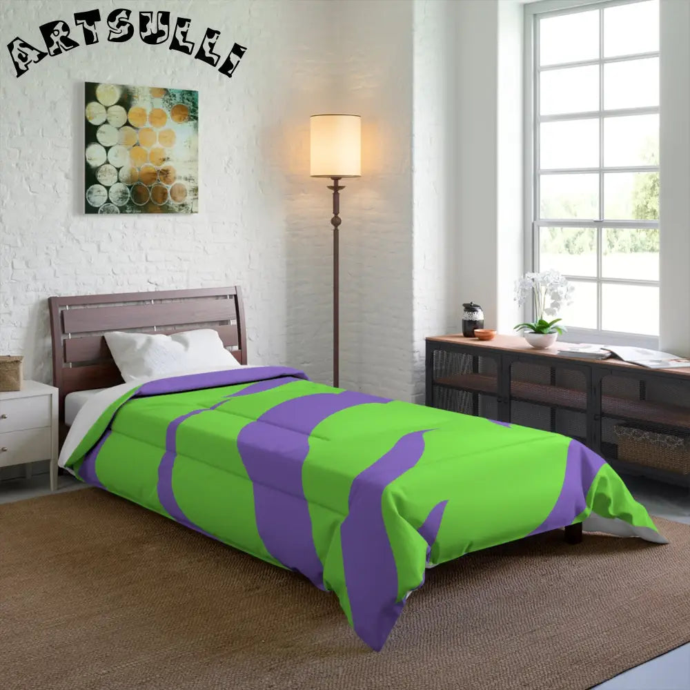 JAKKOUTTHEBXX Tyrannosaurus Print Green and Purple Comforter