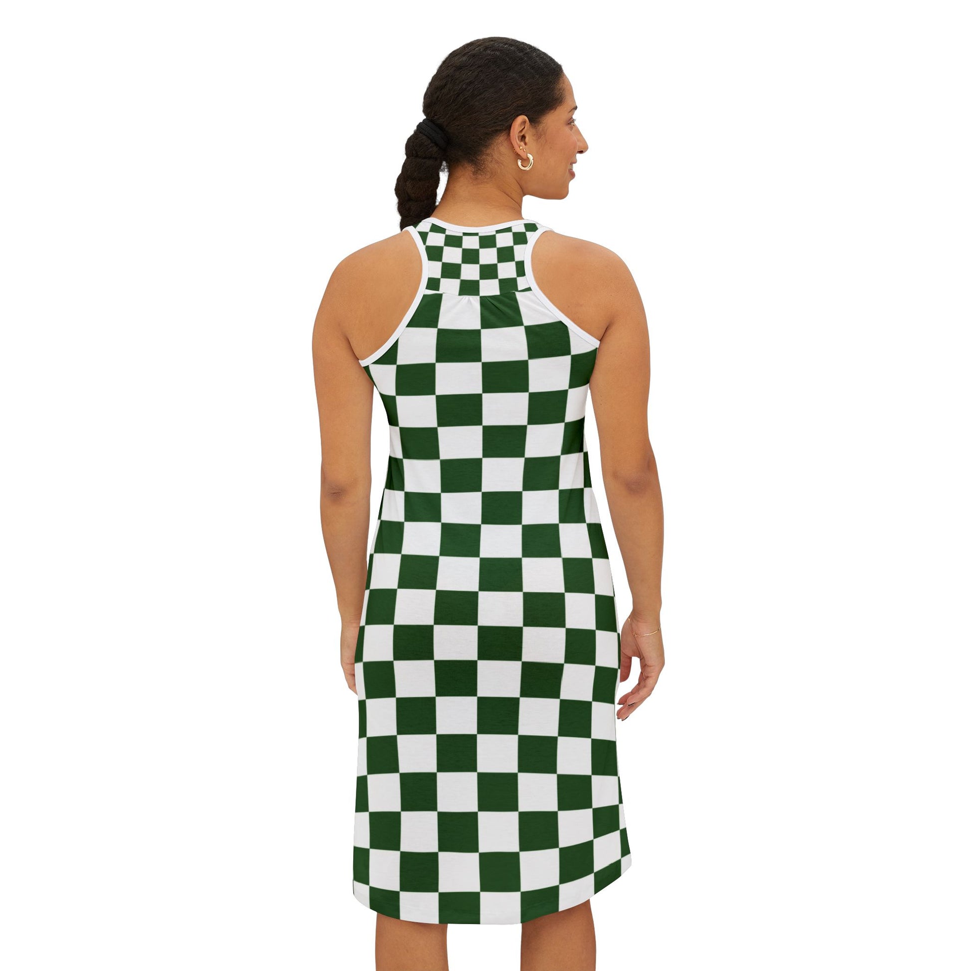 Checkerboard White and Dark Green Women's Racerback Dress (AOP), Artsulli - Art is Long, Life is Short, Tank Top, , , , , , , 