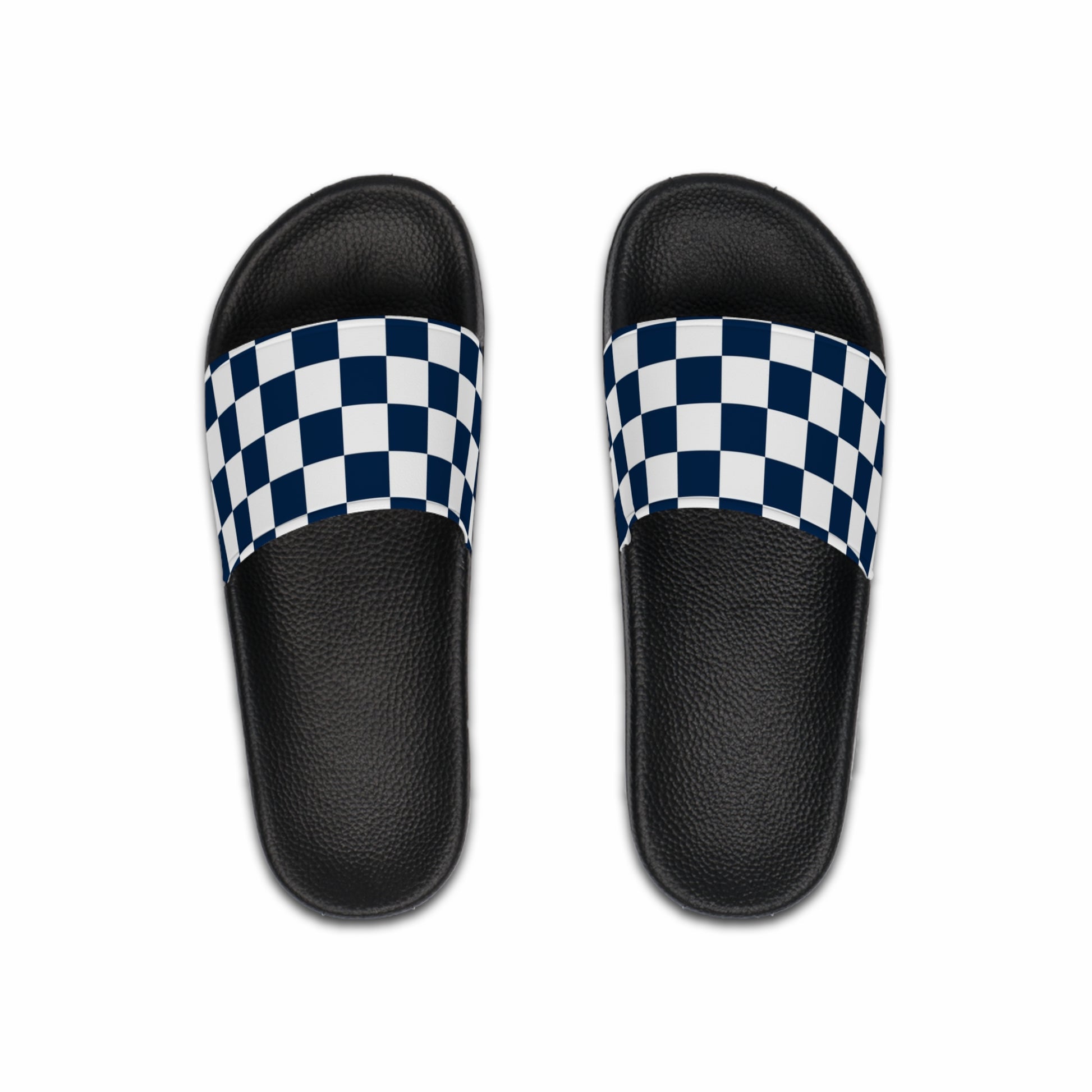 Checkerboard White and Navy Blue Men's Slide Sandals, Artsulli - Art is Long, Life is Short, Shoes, Color, Black sole, Size, US 6, , , 27457842237439414870