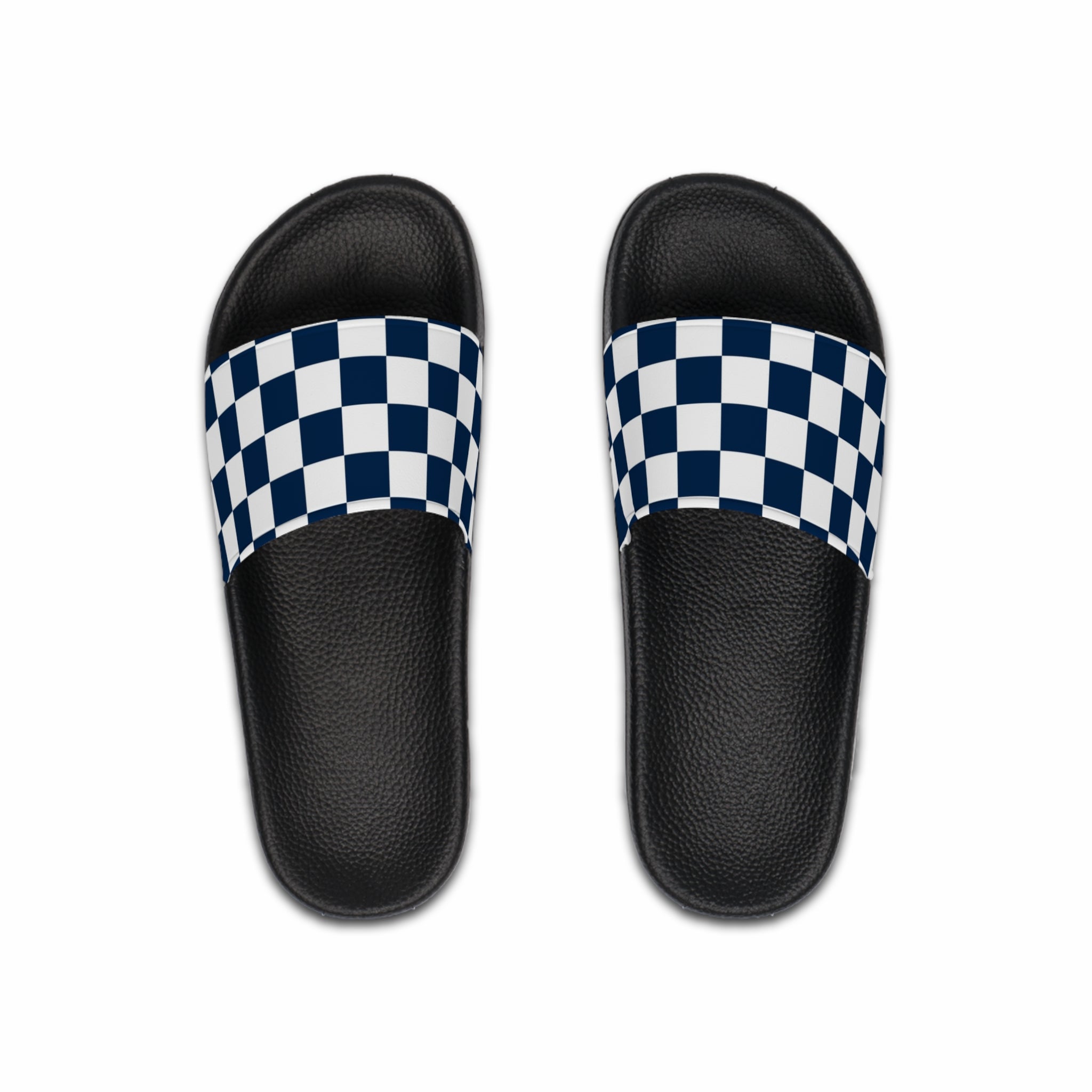 Checkerboard White and Navy Blue Men's Slide Sandals, Artsulli - Art is Long, Life is Short, Shoes, Color, Black sole, Size, US 6, , , 27457842237439414870