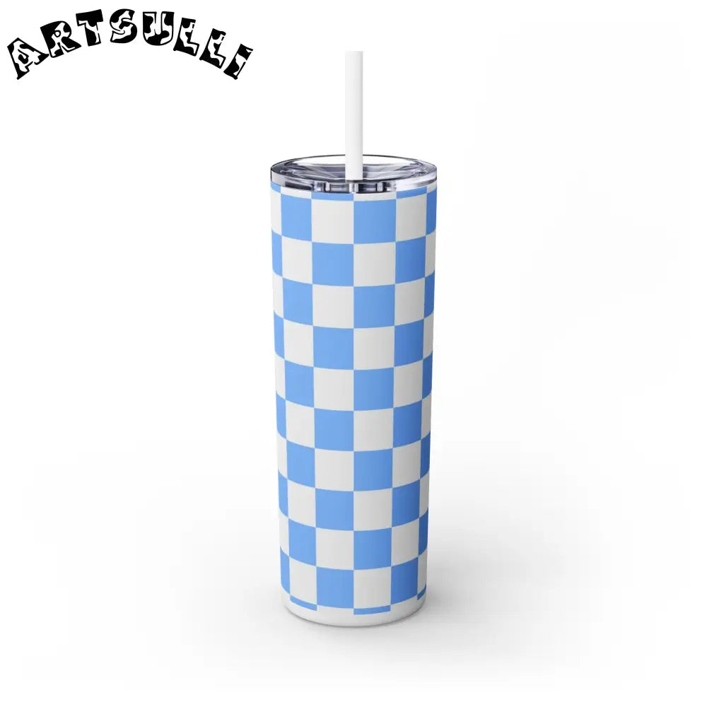 JAKKOUTTHEBXX Checkerboard White and Light Blue Skinny Tumbler