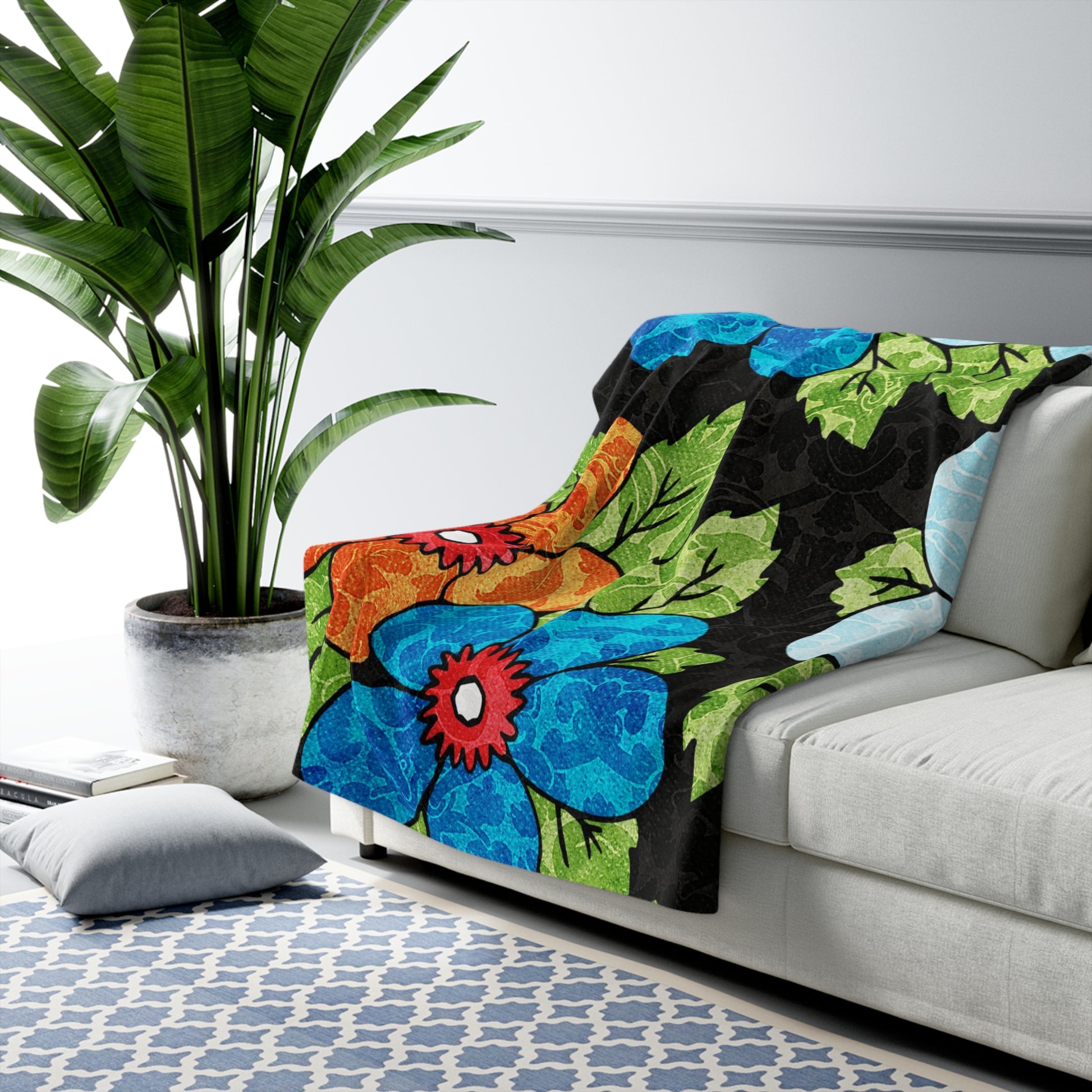 Groovy Black Floral Kl Sherpa Fleece Blanket, Artsulli - Art is Long, Life is Short, Home Decor, , , , , , , 