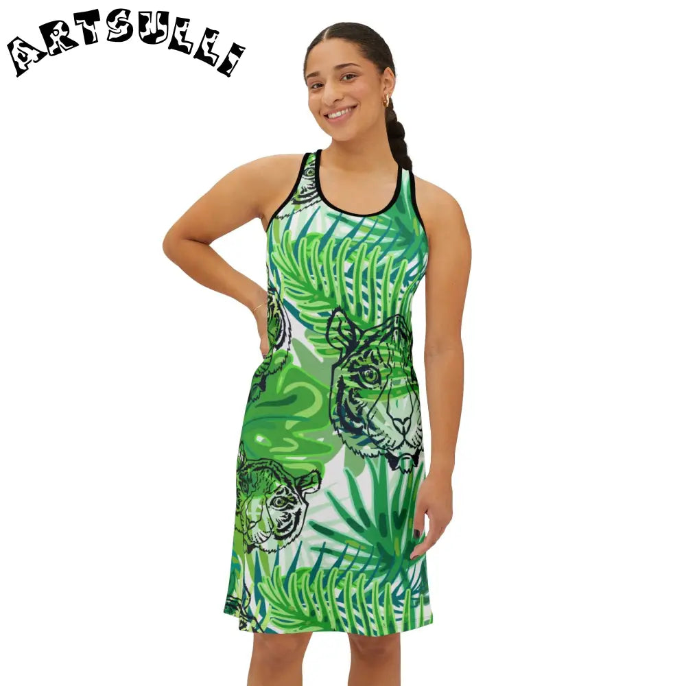 JAKKOUTTHEBXX Tropical Jungle Tigers Green Women’s Racerback Dress