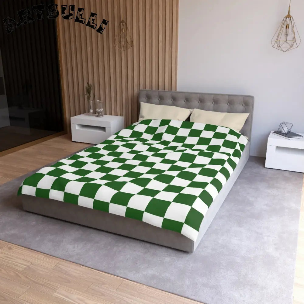 JAKKOUTTHEBXX Checkerboard White and Dark Green Microfiber Duvet