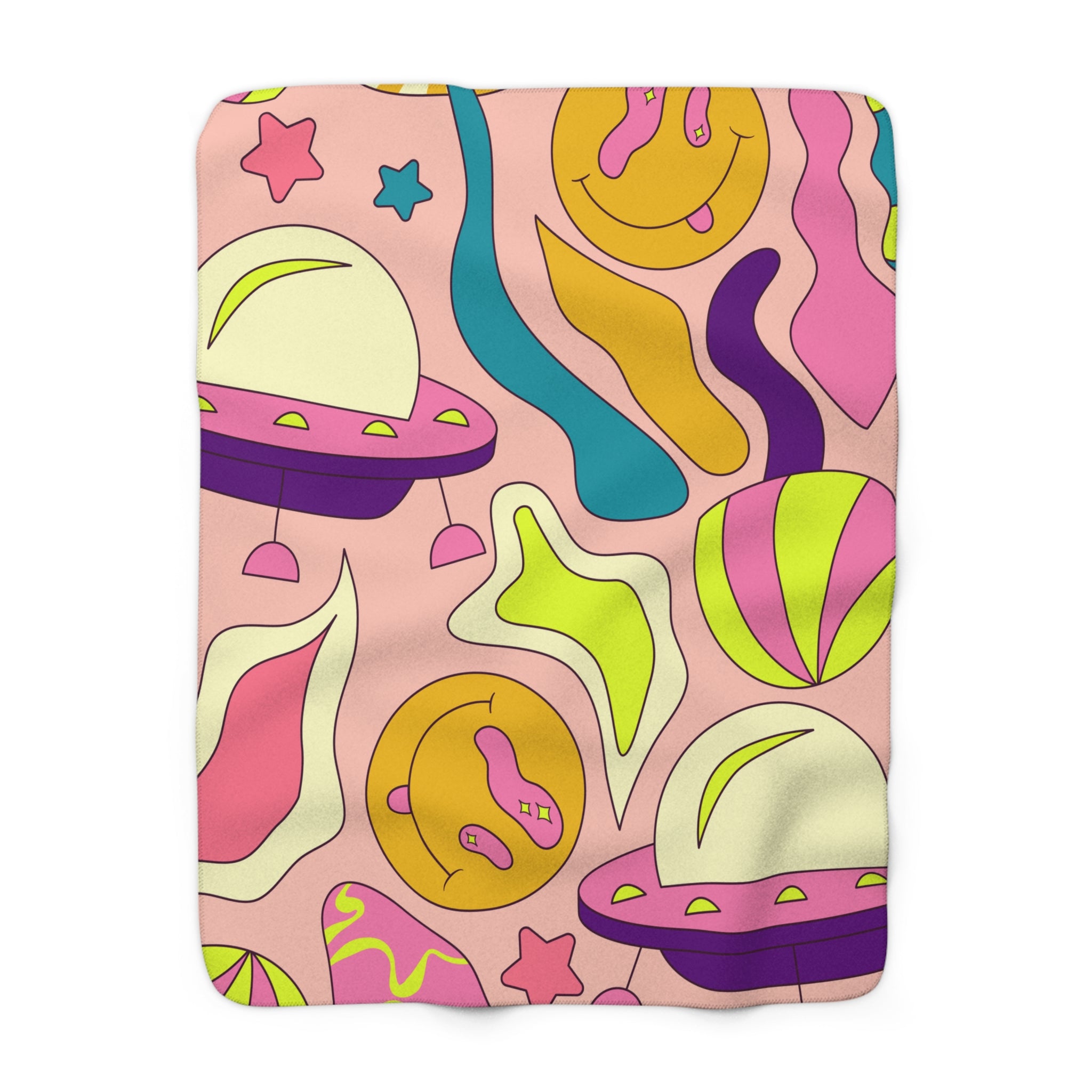 Trippy Spaceships Pink Sherpa Fleece Blanket, Artsulli - Art is Long, Life is Short, Home Decor, Size, 50" × 60", , , , , 14049469085881
