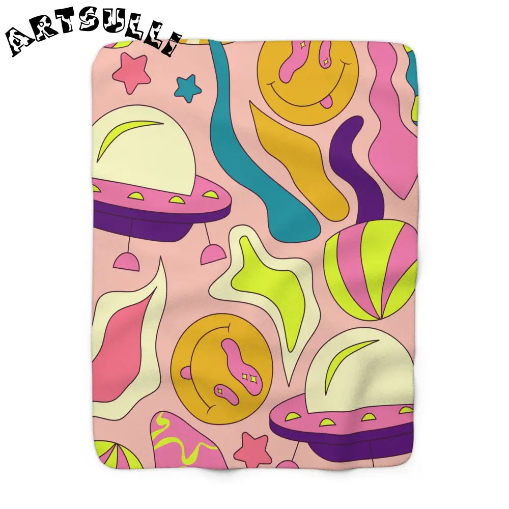 JAKKOUTTHEBXX Trippy Spaceships Pink Sherpa Fleece Blanket