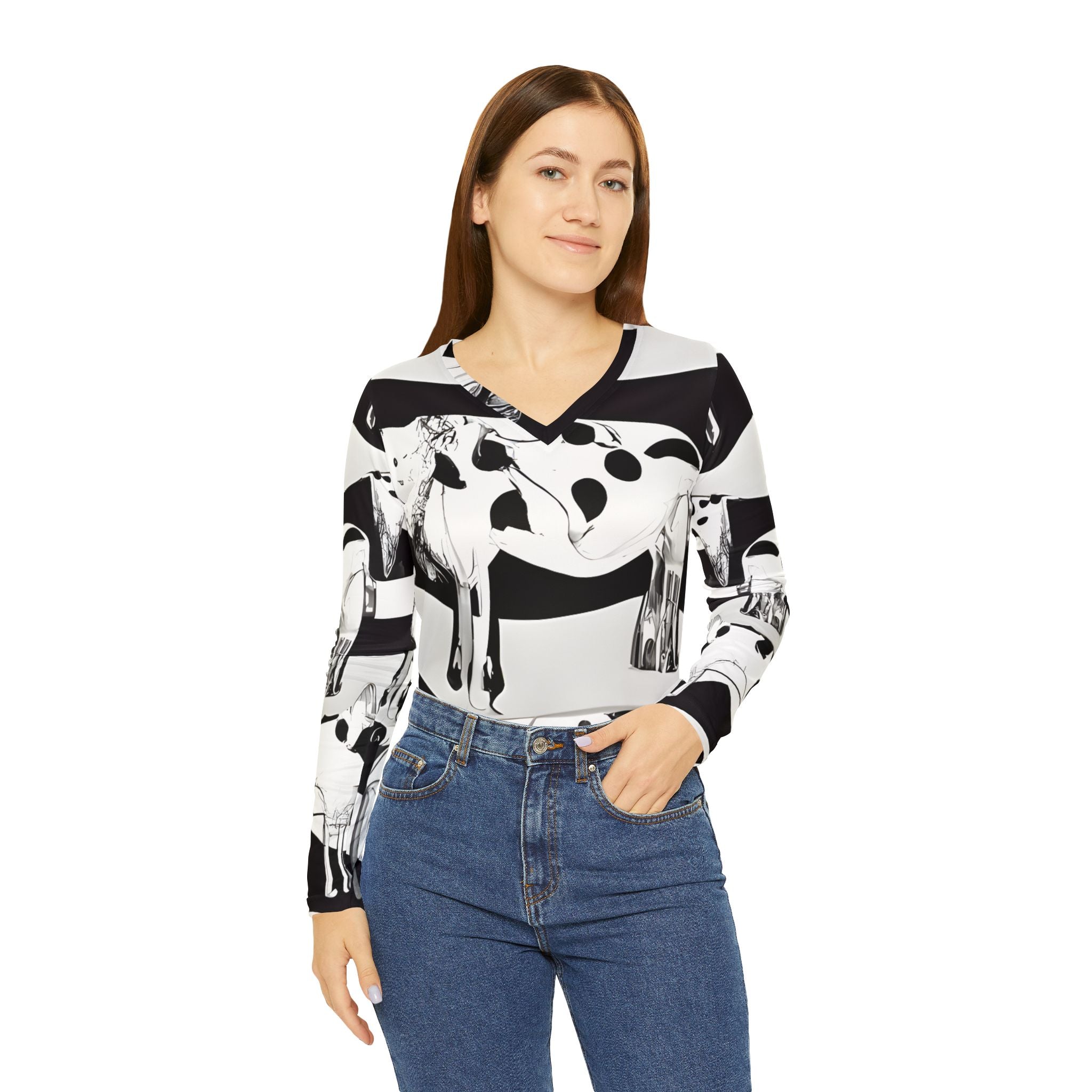 Cruellas Cattle Line Women's Long Sleeve V-neck Shirt (AOP), Artsulli - Art is Long, Life is Short, All Over Prints, , , , , , , 