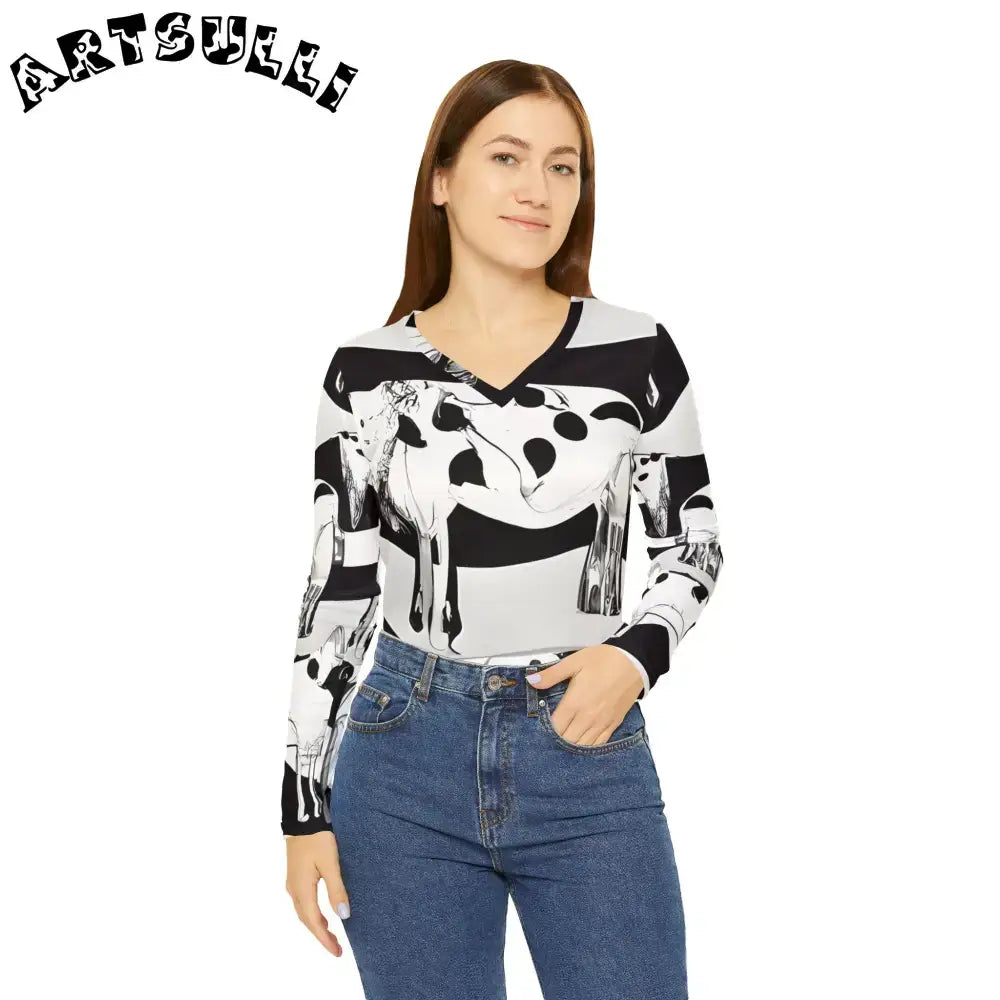 JAKKOUTTHEBXX Black and White Cow Print V Neck Long Sleeve Shirt