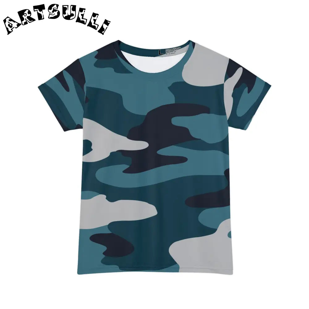 JAKKOUTTHEBXX Blue Camouflage Women’s Short Sleeve Shirt (AOP)