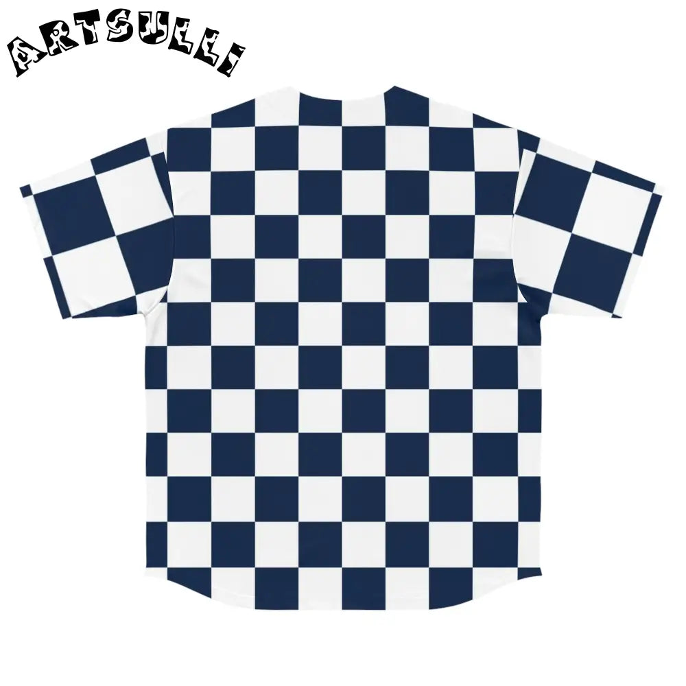 JAKKOUTTHEBXX Checkerboard White and Navy Blue Men’s Baseball Jersey