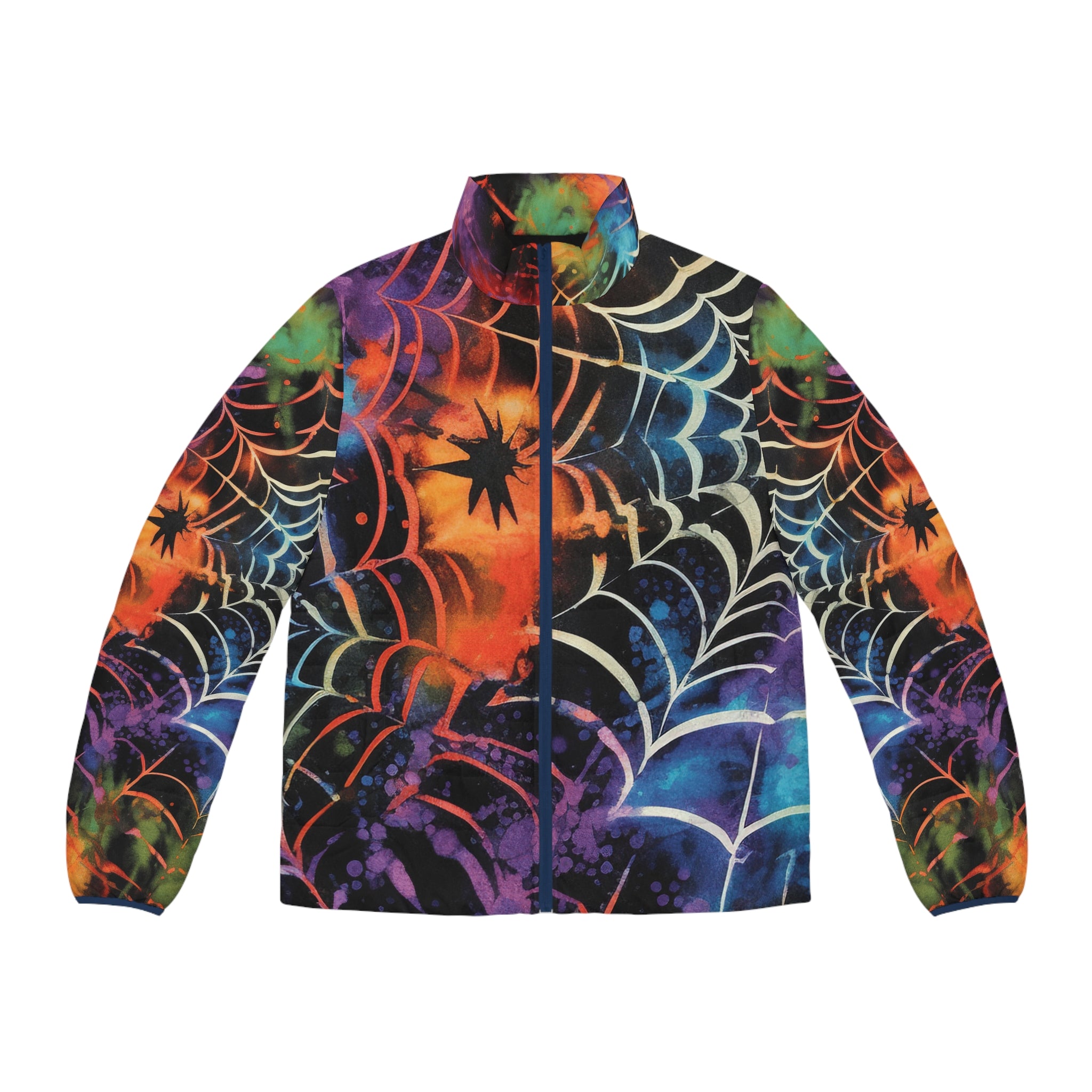 Spider Web Tie Dye Men's Puffer Jacket (AOP), Artsulli - Art is Long, Life is Short, All Over Prints, Size, S, Color, Dark blue zipper, , , 18243224593217759123