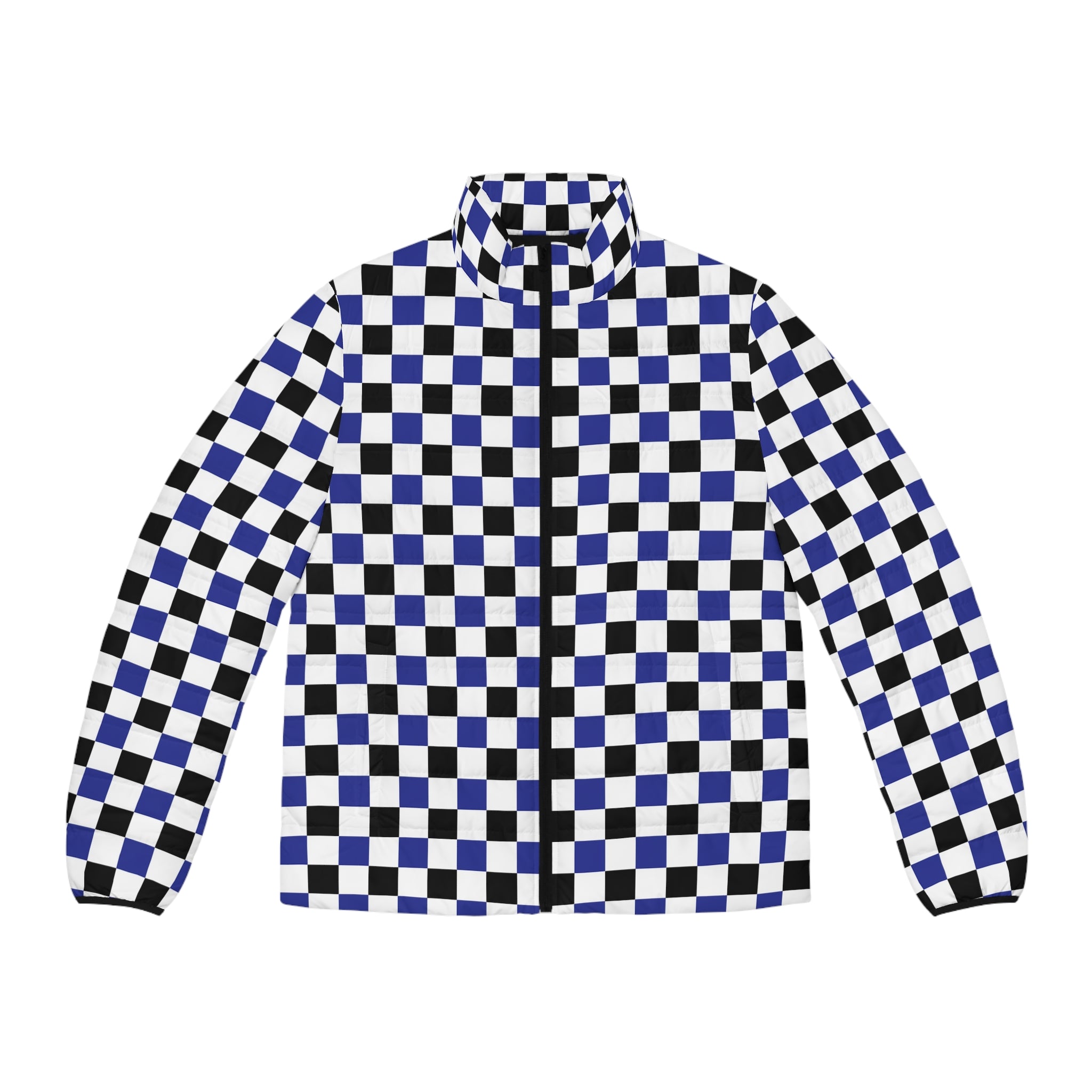 Checkerboard Blue White and Black Men's Puffer Jacket (AOP), Artsulli - Art is Long, Life is Short, All Over Prints, Size, S, Color, Black zipper, , , 75493852972813716476