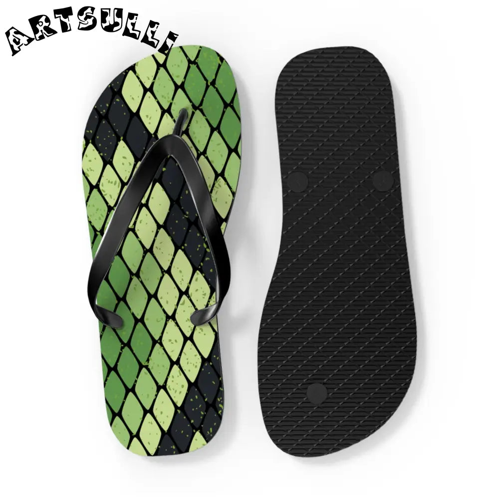 JAKKOUTTHEBXX Snake Skin Green and Black Flip Flops JAKKOUTTHEBXX