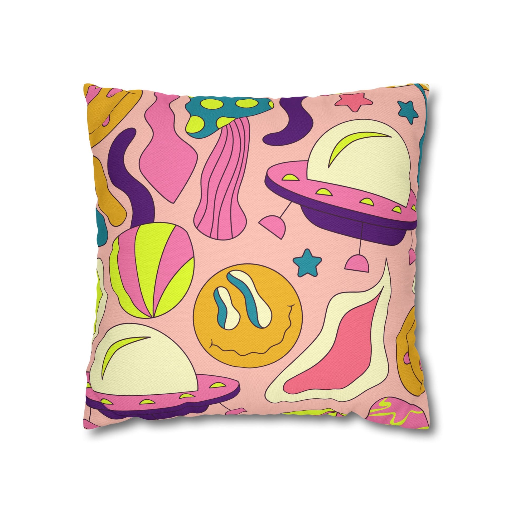 Trippy Spaceships Pink Spun Polyester Square Pillowcase, Artsulli - Art is Long, Life is Short, Home Decor, Size, 16" × 16", , , , , 14056788328827