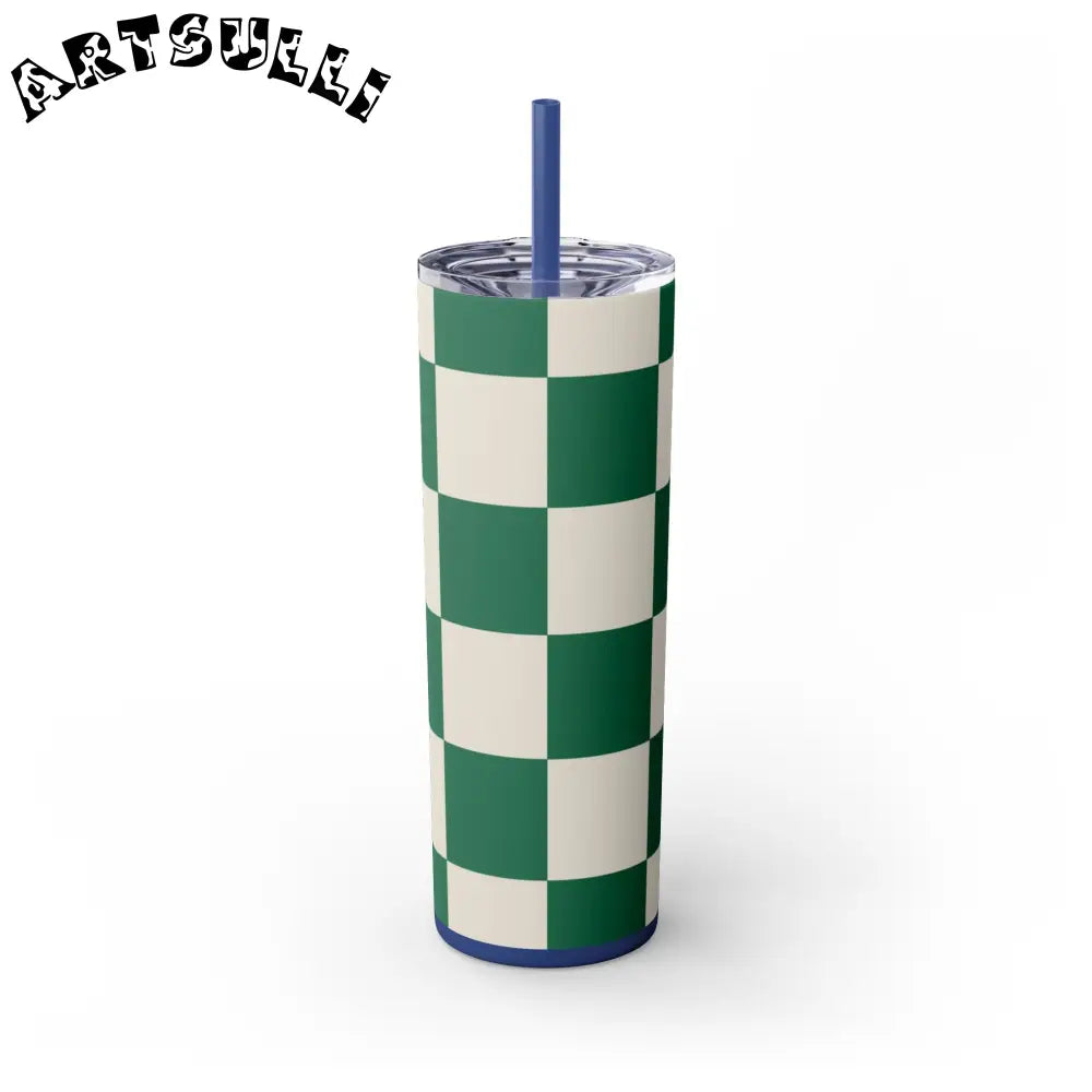 JAKKOUTTHEBXX Checkerboard Dark Green Skinny Tumbler with Straw 20oz