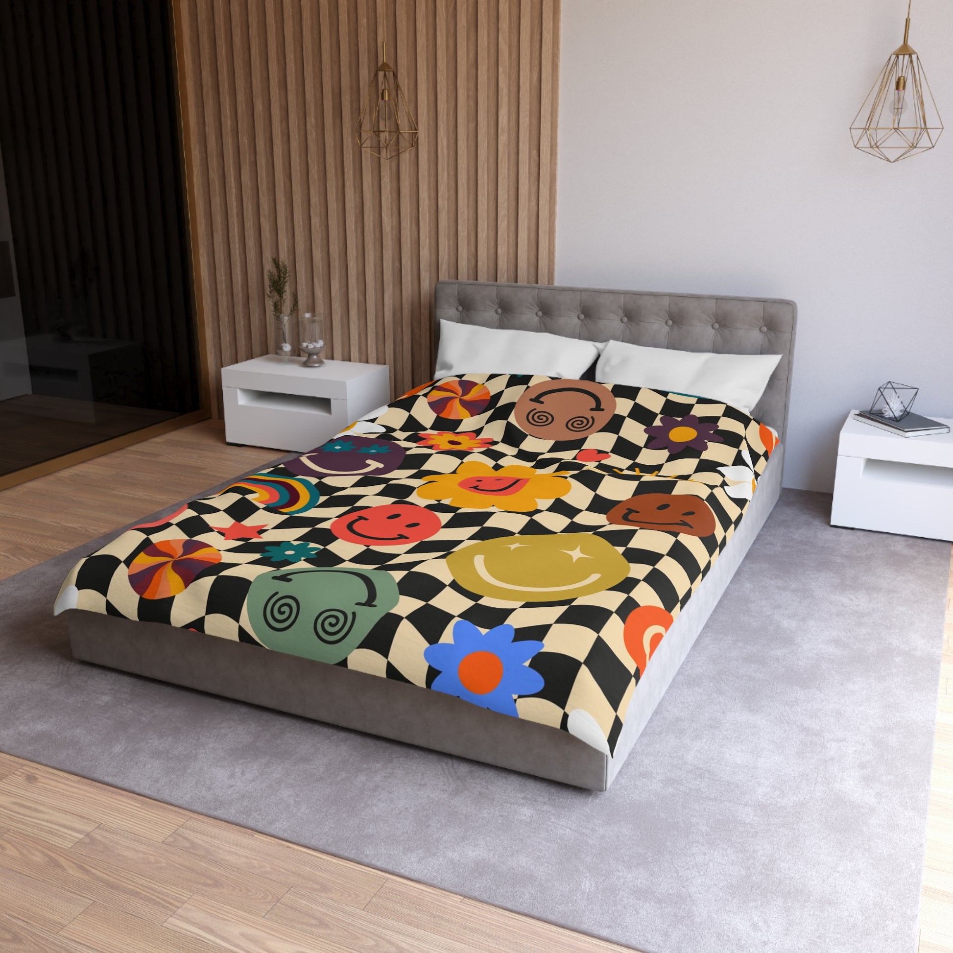 Trippy x Wavy Checkerboard x Smiley Face x Rainbow x Flowers Multi-Color Microfiber Duvet Cover, Artsulli - Art is Long, Life is Short, Home Decor, , , , , , , 