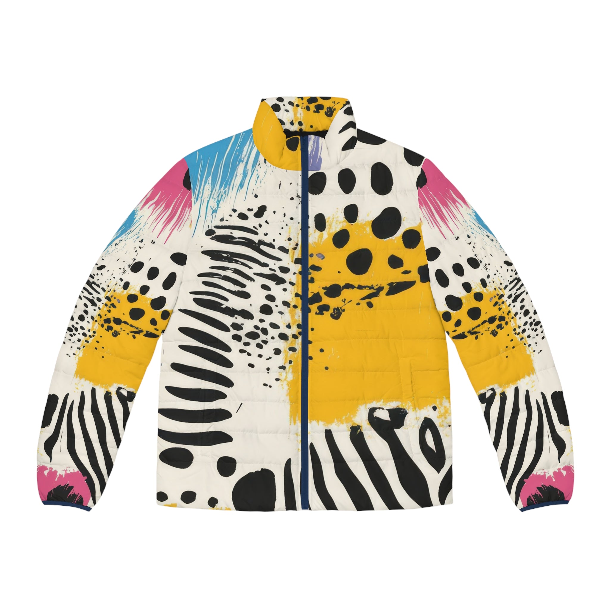 Rae Zebra Rhapsody Men's Puffer Jacket (AOP), Artsulli - Art is Long, Life is Short, All Over Prints, Size, S, Color, Dark blue zipper, , , 26426326867443837257