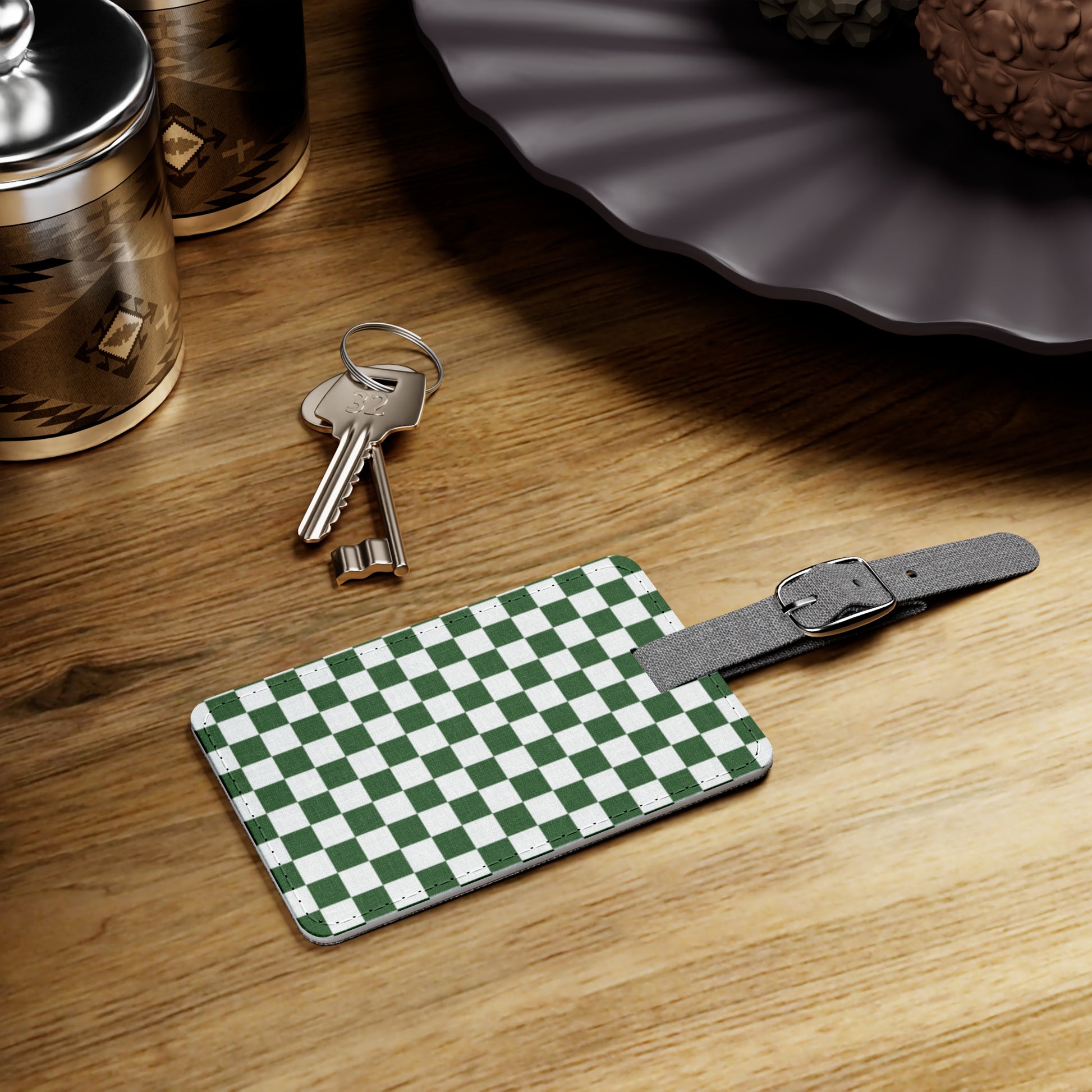 Checkerboard White and Dark Green Saffiano Polyester Luggage Tag, Rectangle, Artsulli - Art is Long, Life is Short, Accessories, , , , , , , 