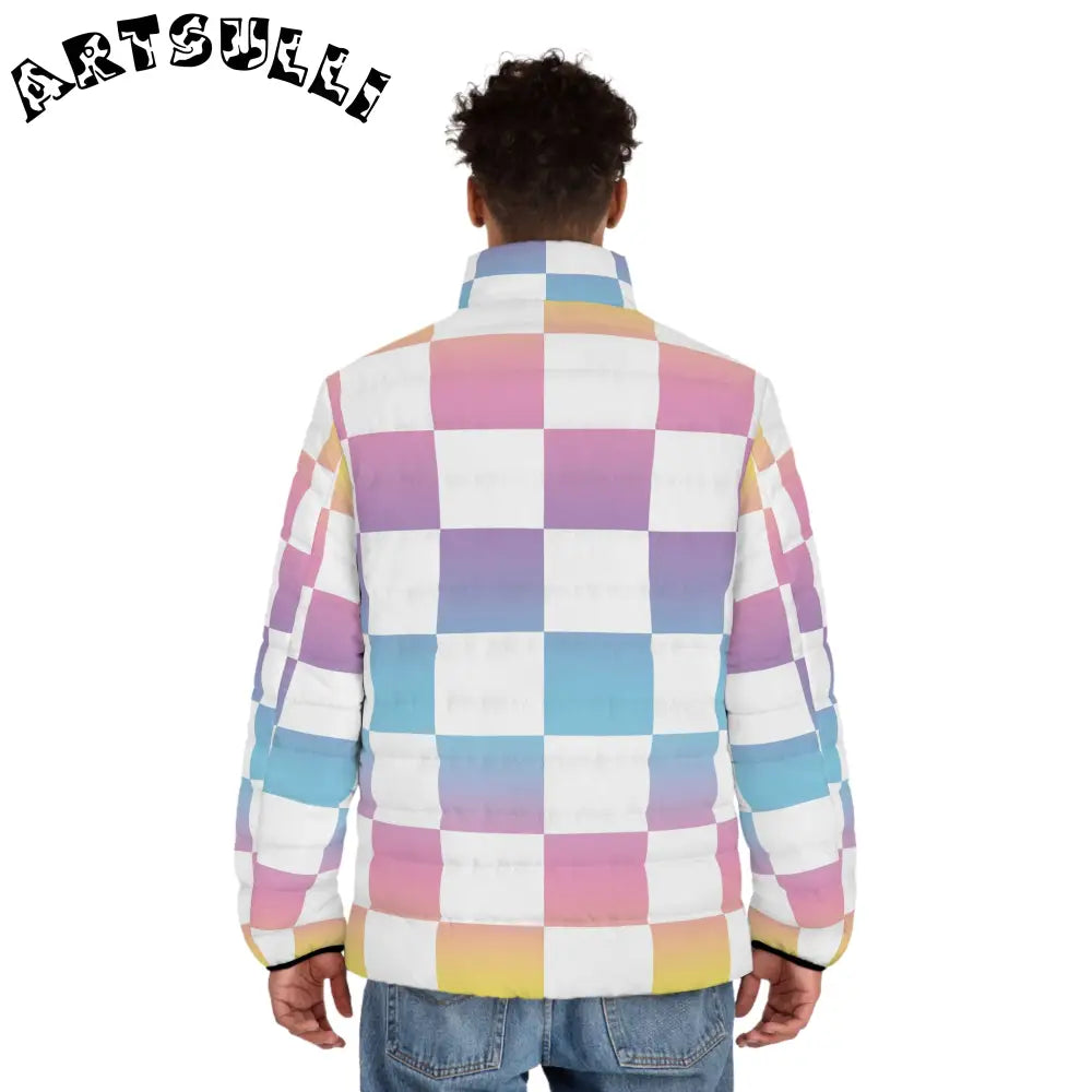 JAKKOUTTHEBXX Vaporwave Check Men’s Puffer Jacket (AOP)