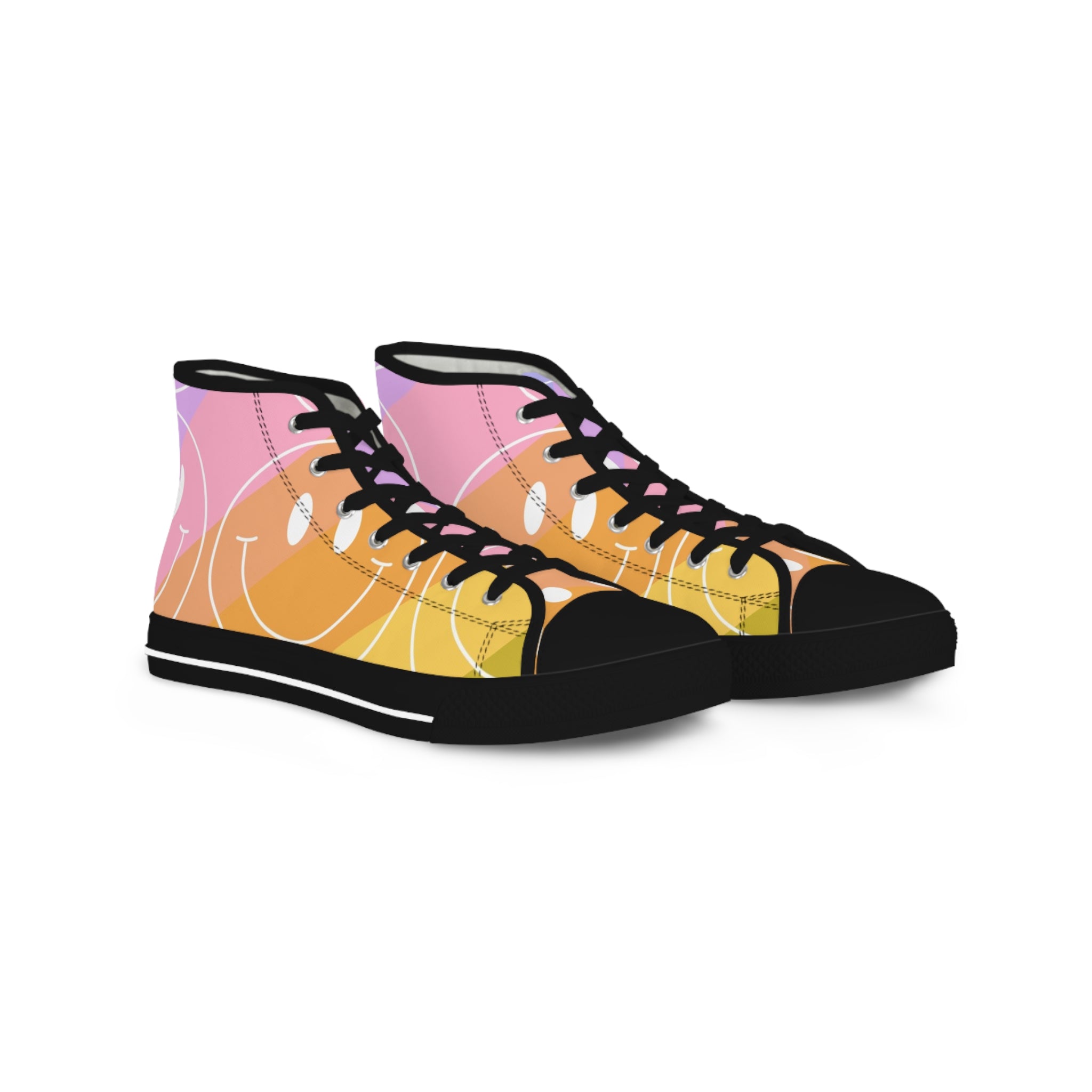 Smiley Face x Rainbow Stripes Multi-Color Men's High Top Sneakers, Artsulli - Art is Long, Life is Short, Shoes, Size, US 5, Color, Black sole, , , 28868318354058988926