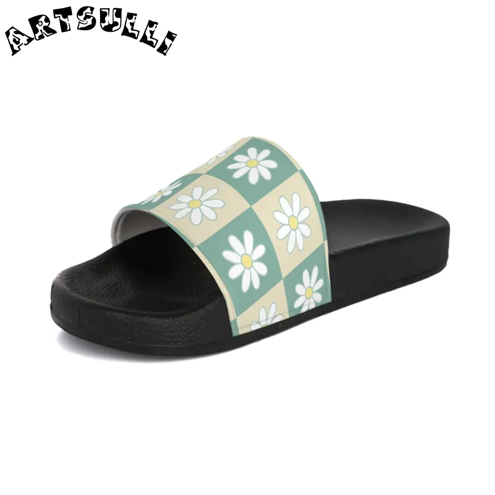JAKKOUTTHEBXX Retro Daisy Checkerboard Green and Tan Men’s Slide