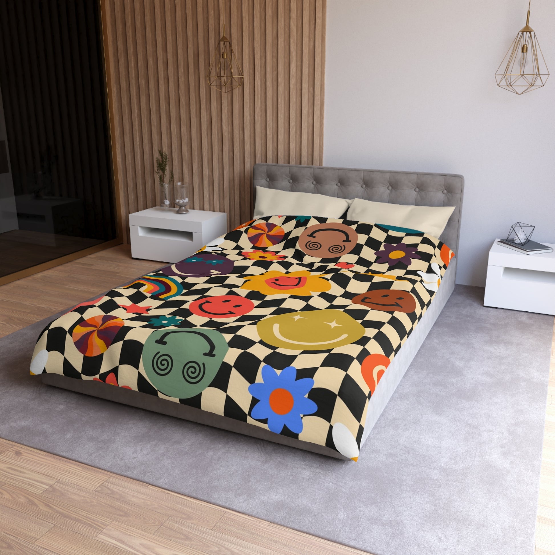 Trippy x Wavy Checkerboard x Smiley Face x Rainbow x Flowers Multi-Color Microfiber Duvet Cover, Artsulli - Art is Long, Life is Short, Home Decor, , , , , , , 
