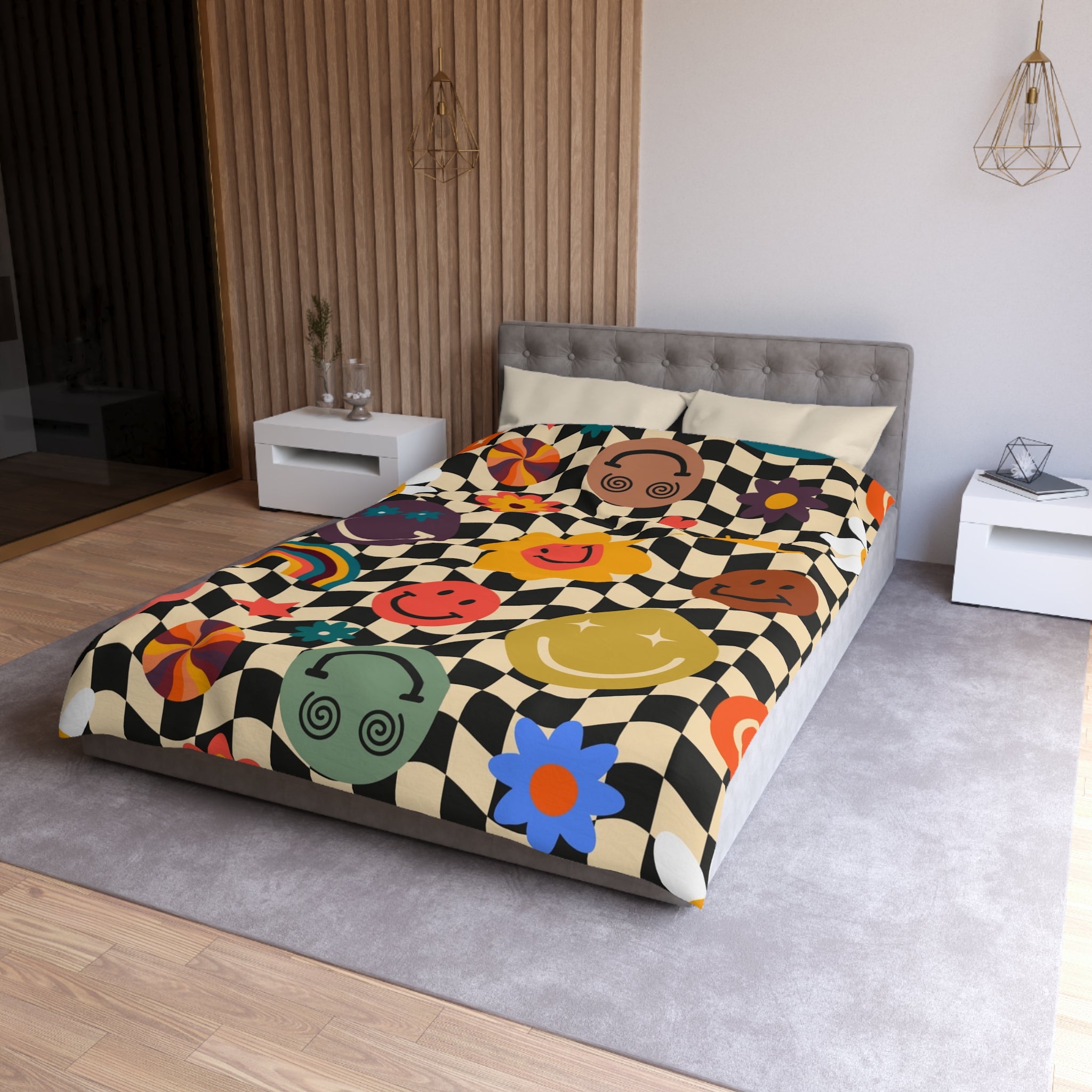 Trippy x Wavy Checkerboard x Smiley Face x Rainbow x Flowers Multi-Color Microfiber Duvet Cover, Artsulli - Art is Long, Life is Short, Home Decor, , , , , , , 