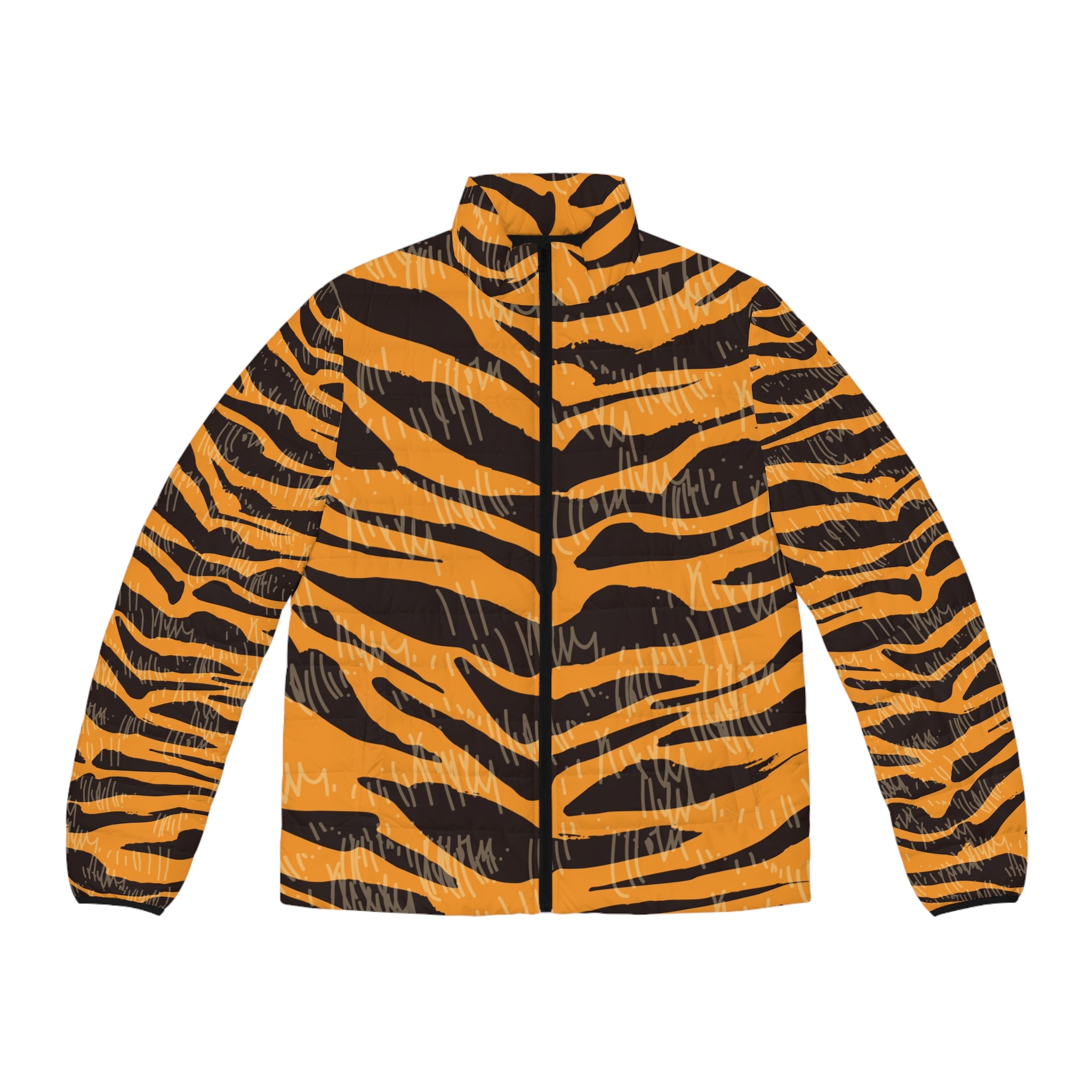 Tiger Scratches Orange & Black Men's Puffer Jacket (AOP), Artsulli - Art is Long, Life is Short, All Over Prints, Size, S, Color, Black zipper, , , 13017088794455