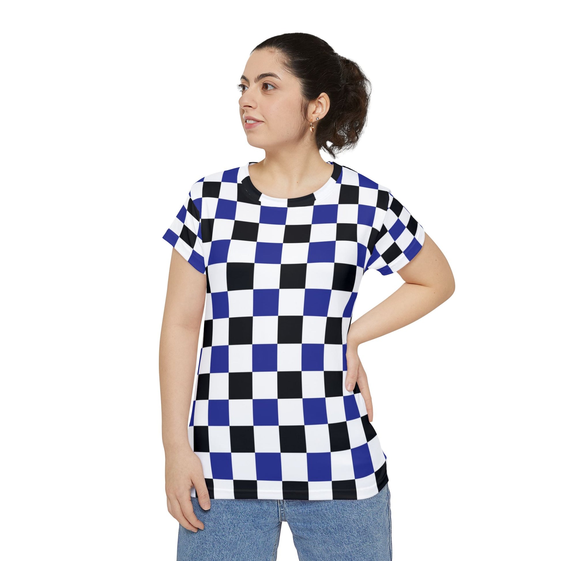 Checkerboard Blue White and Black Women's Short Sleeve Shirt (AOP), Artsulli - Art is Long, Life is Short, All Over Prints, , , , , , , 