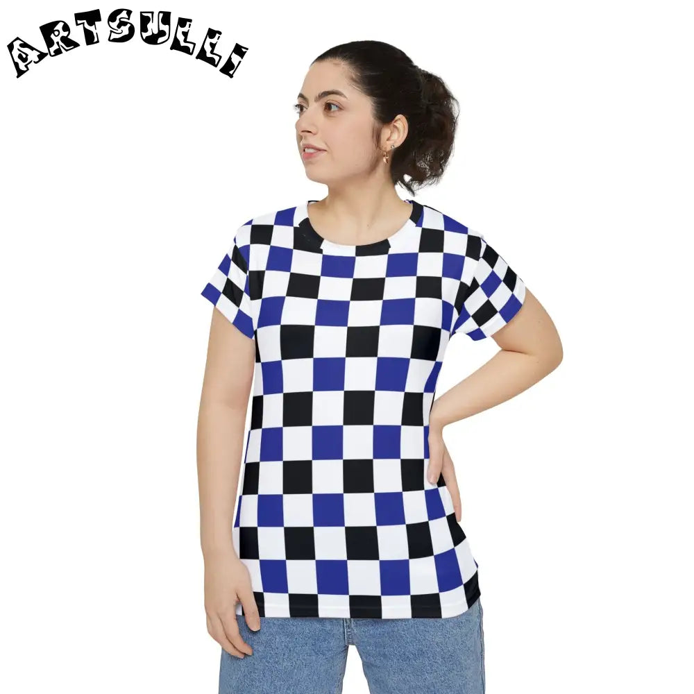 JAKKOUTTHEBXX Checkerboard Blue White and Black Women’s Short Sleeve