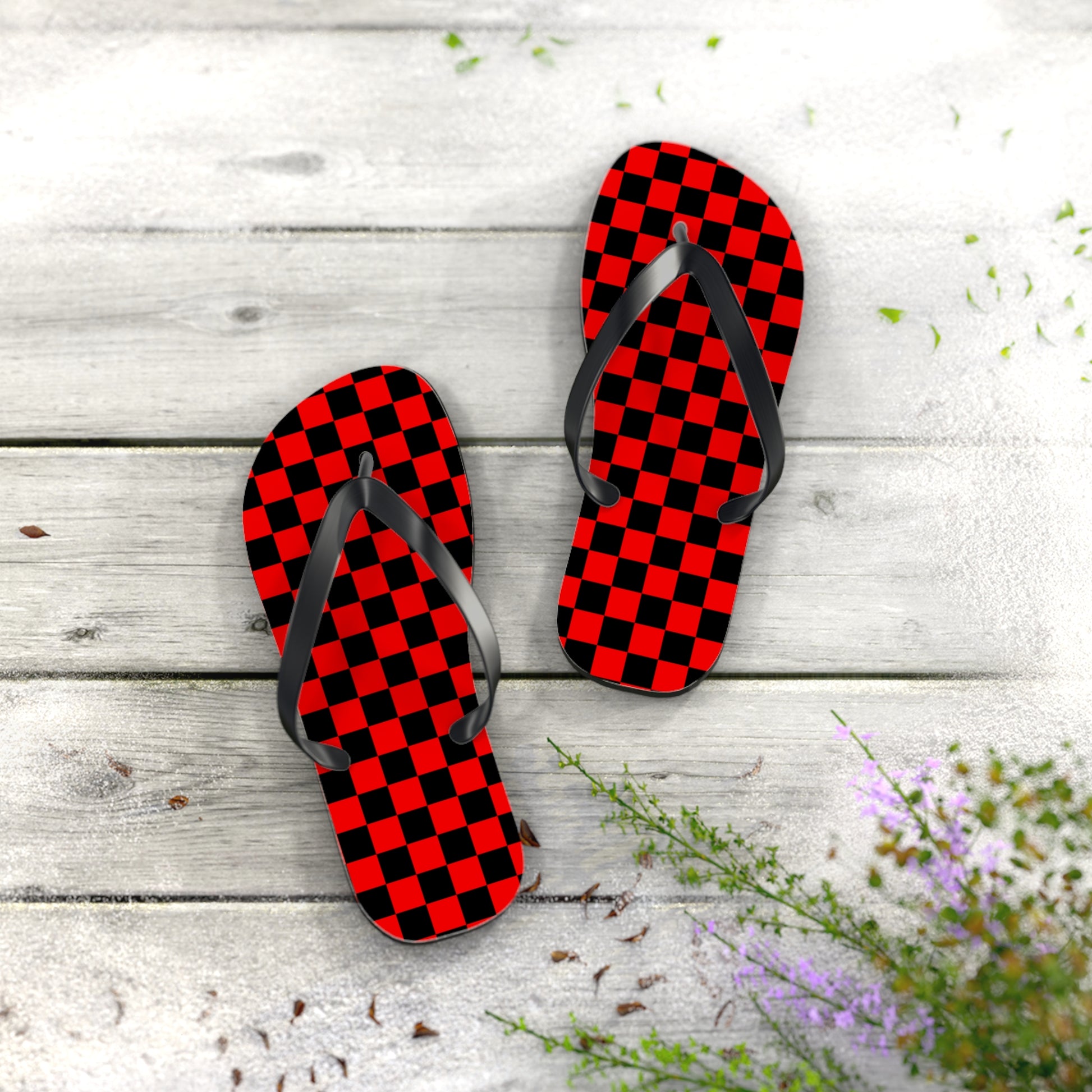 Checkerboard Red and Black Flip Flops, Artsulli - Art is Long, Life is Short, Shoes, , , , , , , 