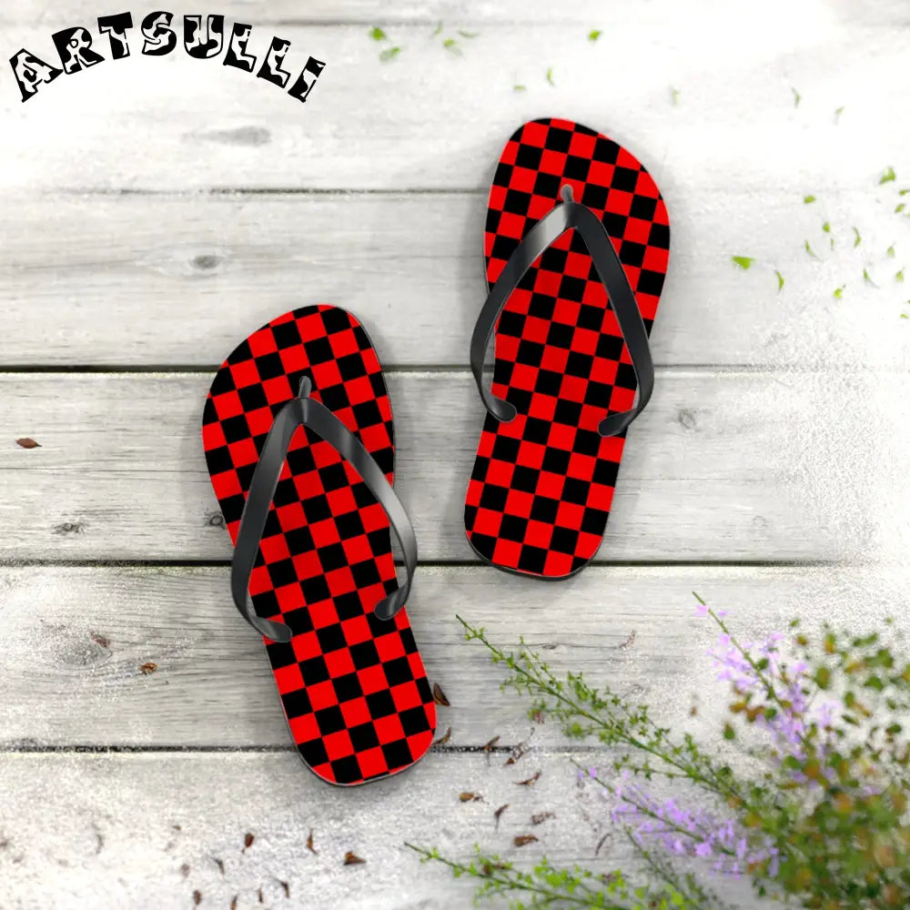 JAKKOUTTHEBXX Checkerboard Red and Black Flip Flops JAKKOUTTHEBXX