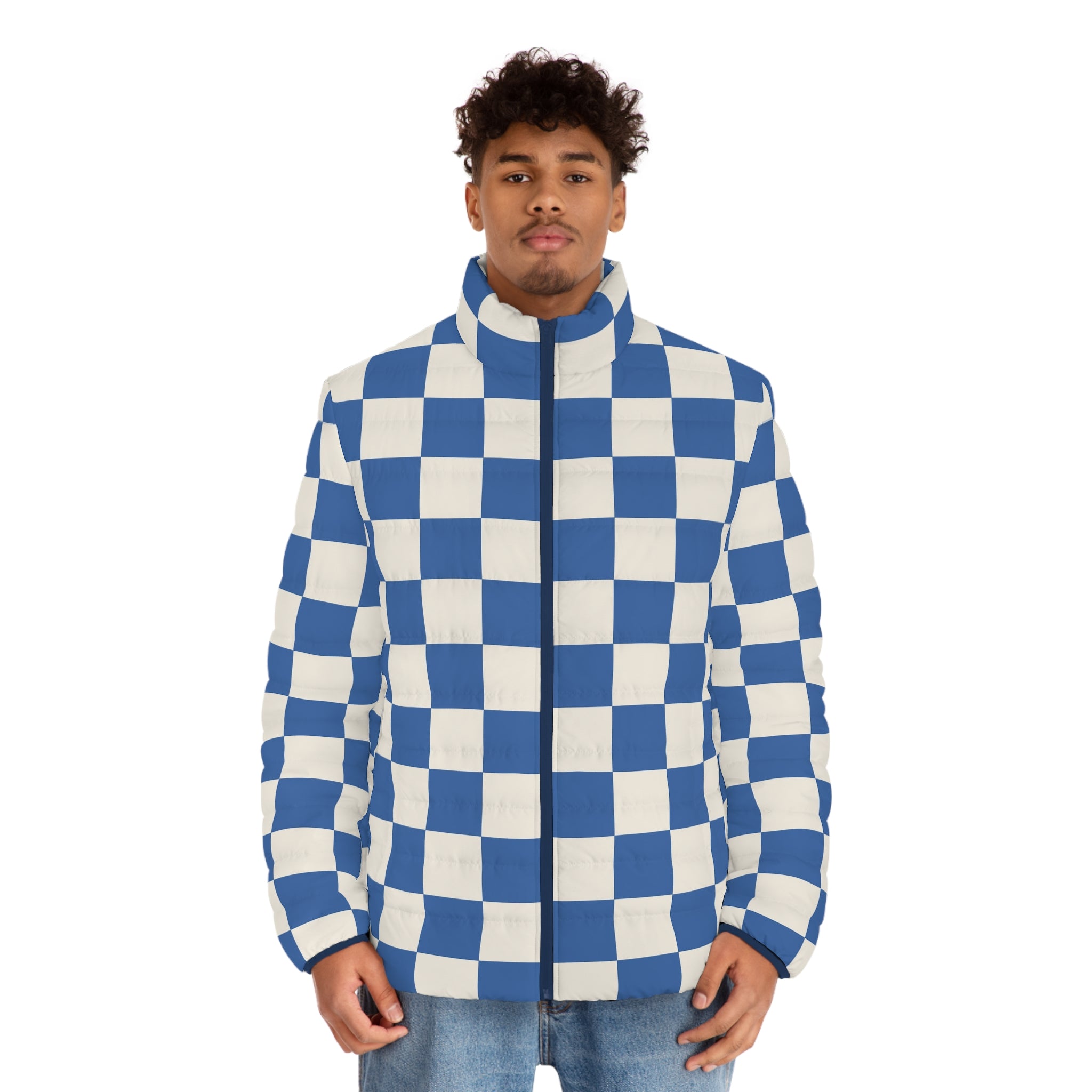 Checkerboard Blue Men's Puffer Jacket (AOP), Artsulli - Art is Long, Life is Short, All Over Prints, , , , , , , 
