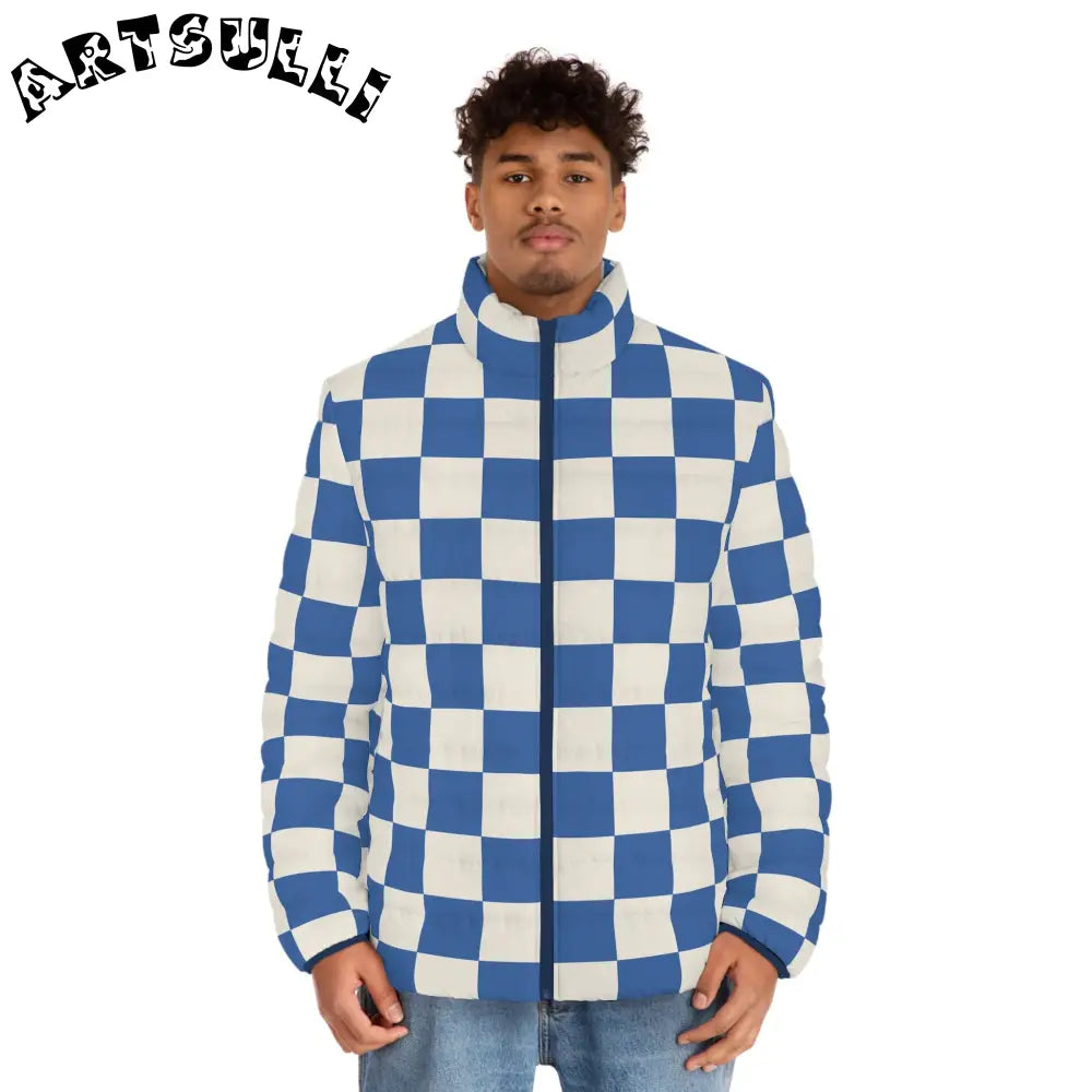 JAKKOUTTHEBXX Checkerboard Blue Men’s Puffer Jacket (AOP)