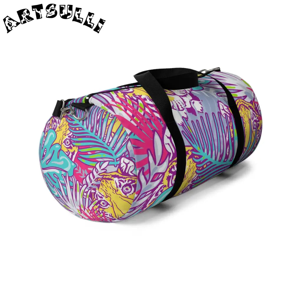 JAKKOUTTHEBXX Tropical Floral Tigers Torquise and Purple Duffel Bag