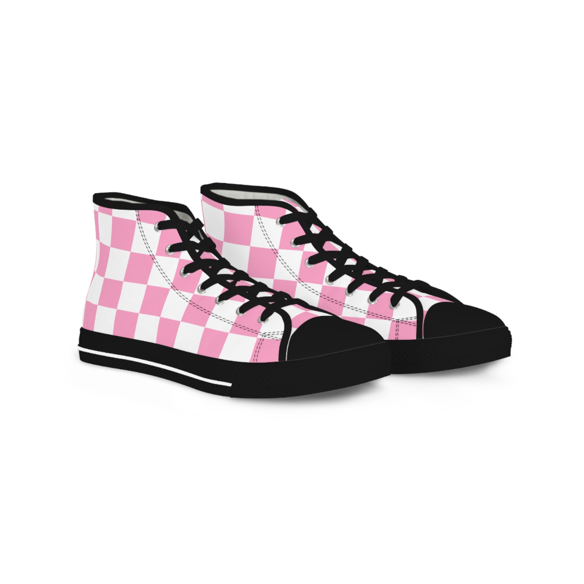 Checkerboard Hot Pink and White Men's High Top Sneakers, Artsulli - Art is Long, Life is Short, Shoes, Size, US 5, Color, Black sole, , , 23514238885055133903