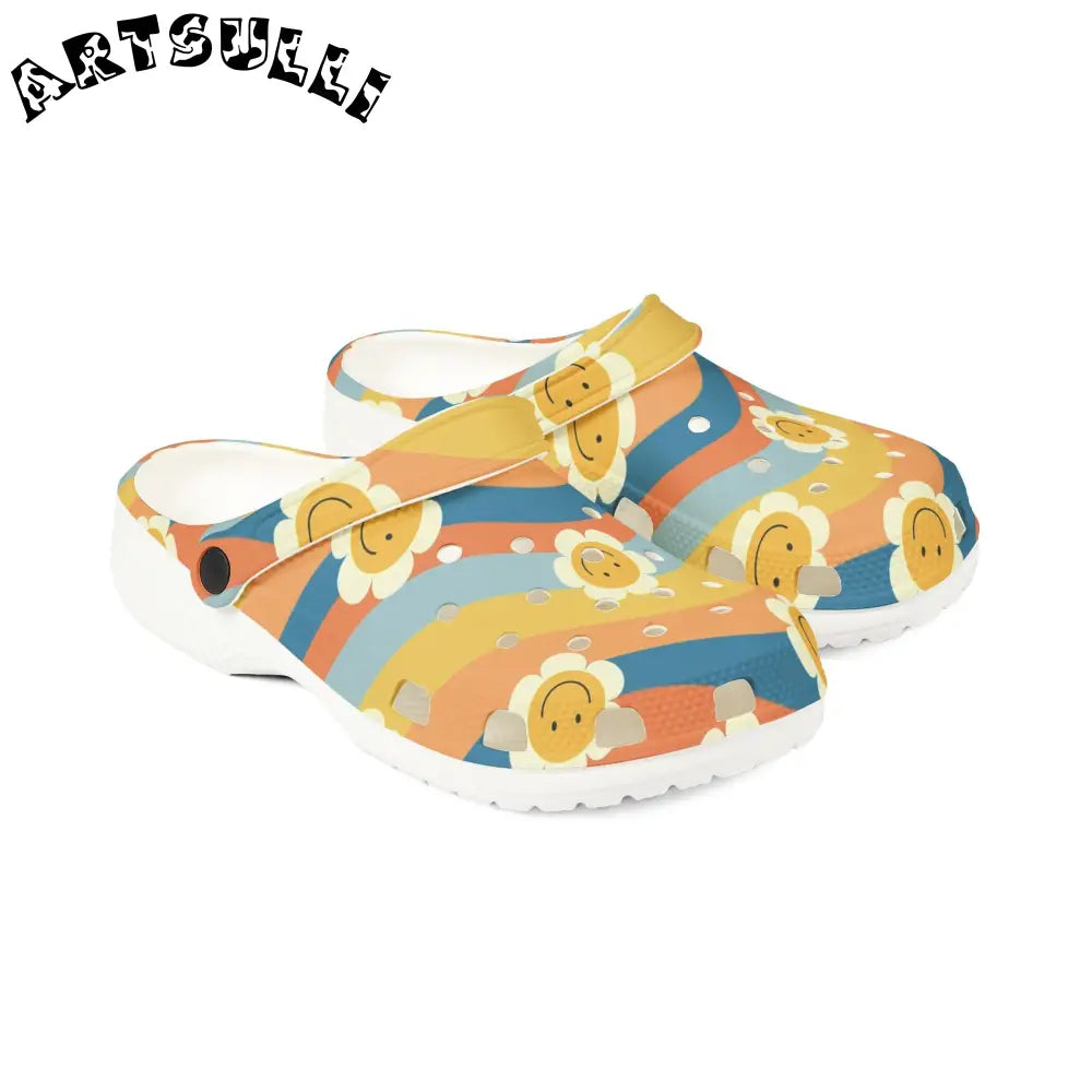 70s Smiley Wave Illustration Printed EVA Foam Clogs, Artsulli - Art is Long, Life is Short, Shoes, , , , , , , 
