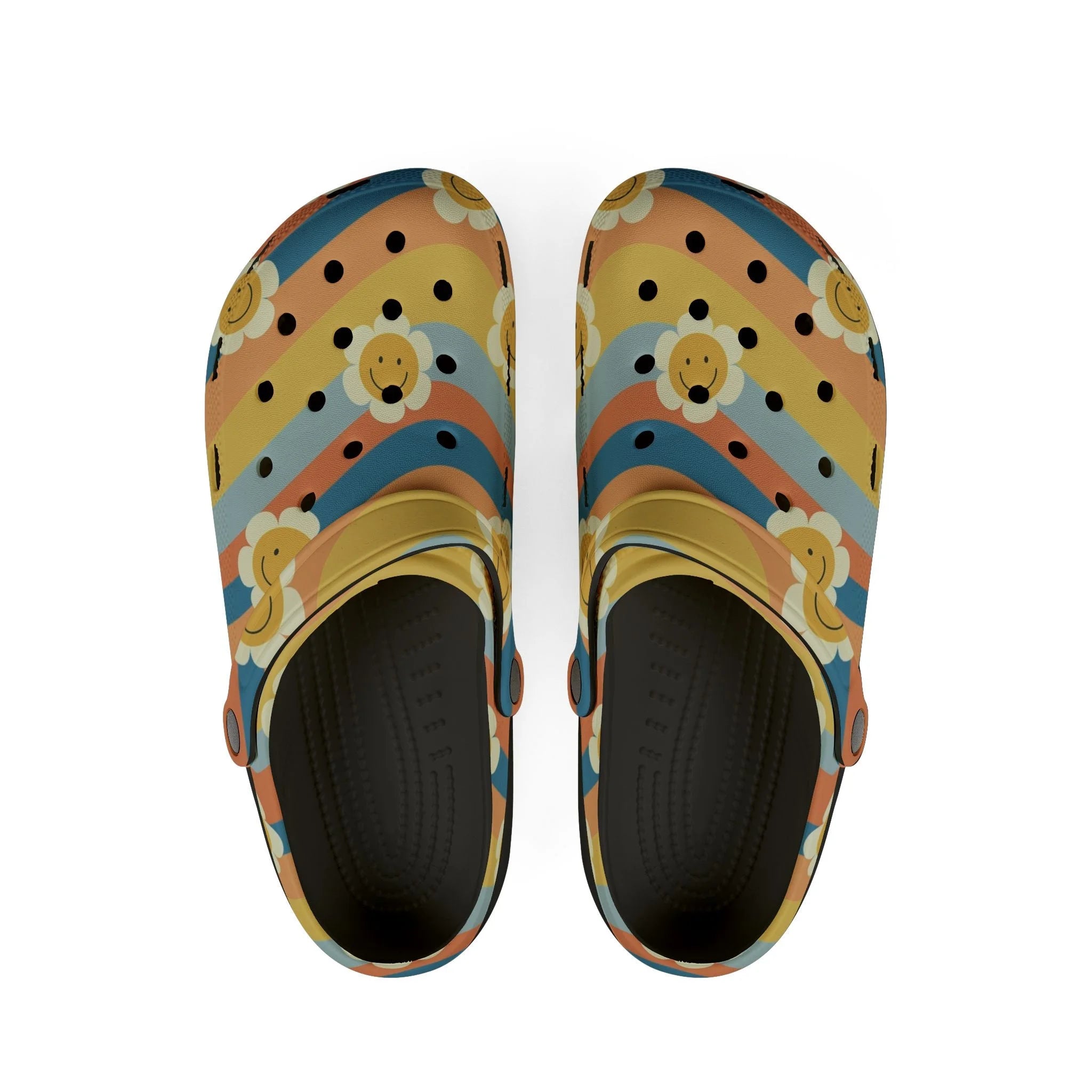 70s Smiley Wave Illustration Printed EVA Foam Clogs, Artsulli - Art is Long, Life is Short, Shoes, Size, US 6 (Women's), Color, Black, , , 59067810801456