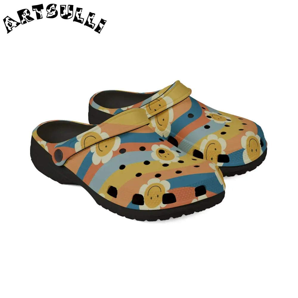 70s Smiley Wave Illustration Printed EVA Foam Clogs, Artsulli - Art is Long, Life is Short, Shoes, , , , , , , 