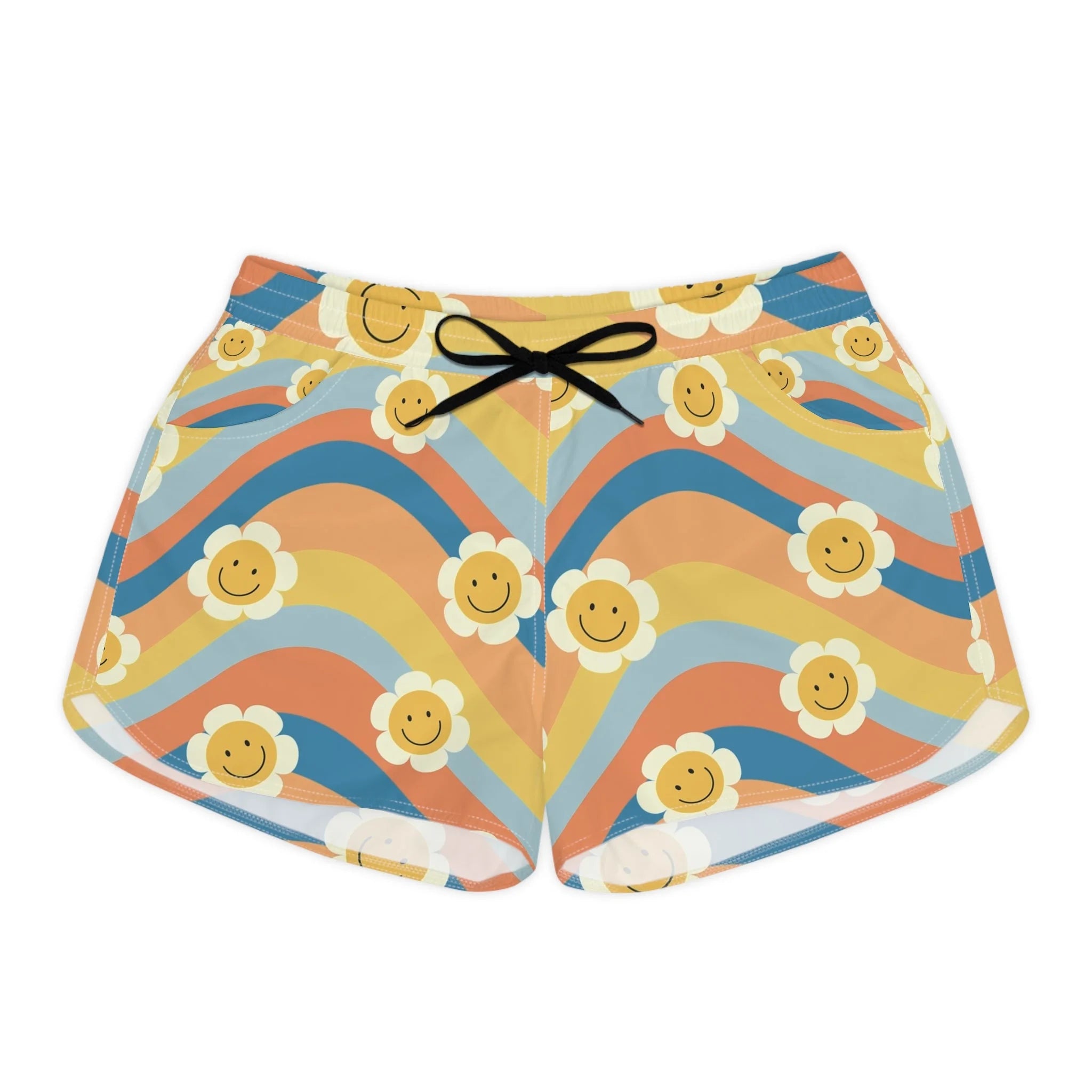 70s Smiley Wave Shorts Displays Style, Artsulli - Art is Long, Life is Short, All Over Prints, Size, S, Color, Black drawstring, , , 16330358577035