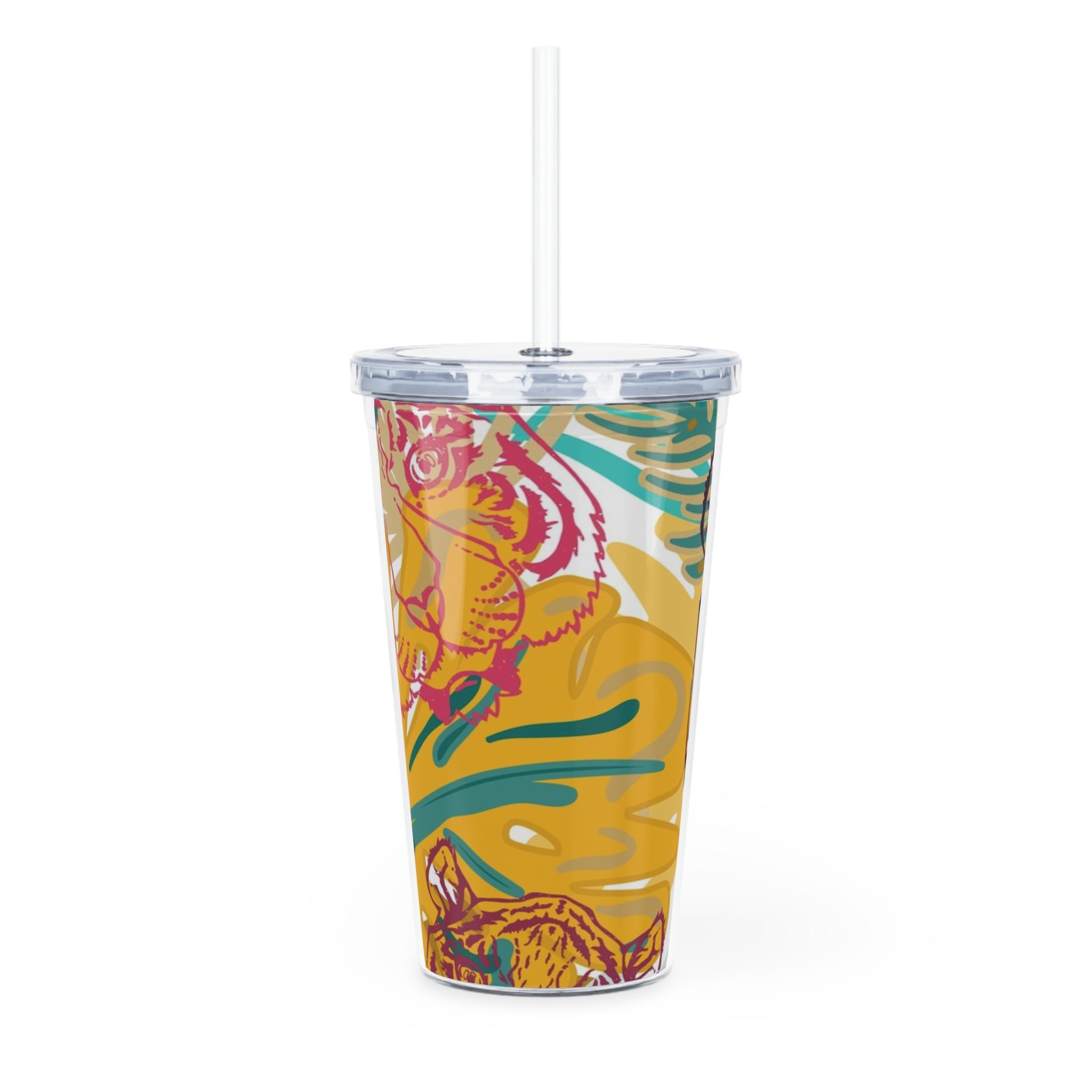 Tropical Jungle Tigers Brown and Green Plastic Tumbler with Straw, Artsulli - Art is Long, Life is Short, Mug, , , , , , , 